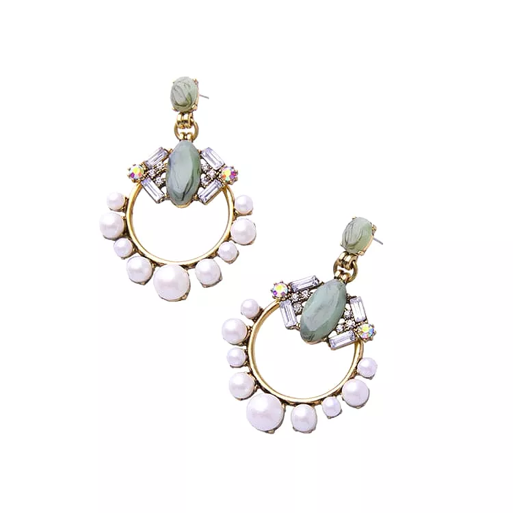 Luxury Pearl And Green Stone Drop Earrings