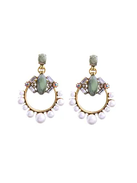 Luxury Pearl And Green Stone Drop Earrings