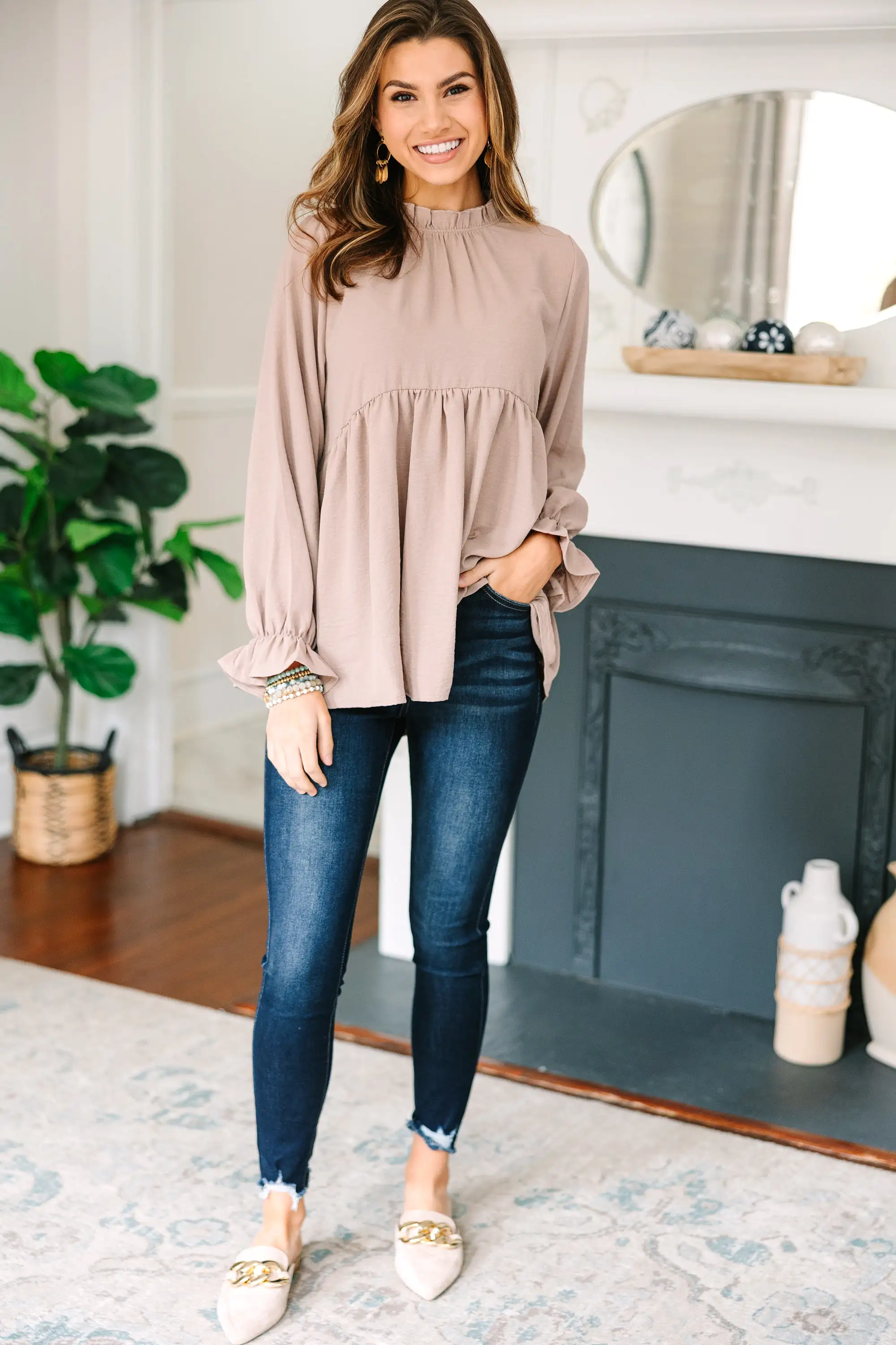 Making Moves Taupe Brown Ruffled Blouse