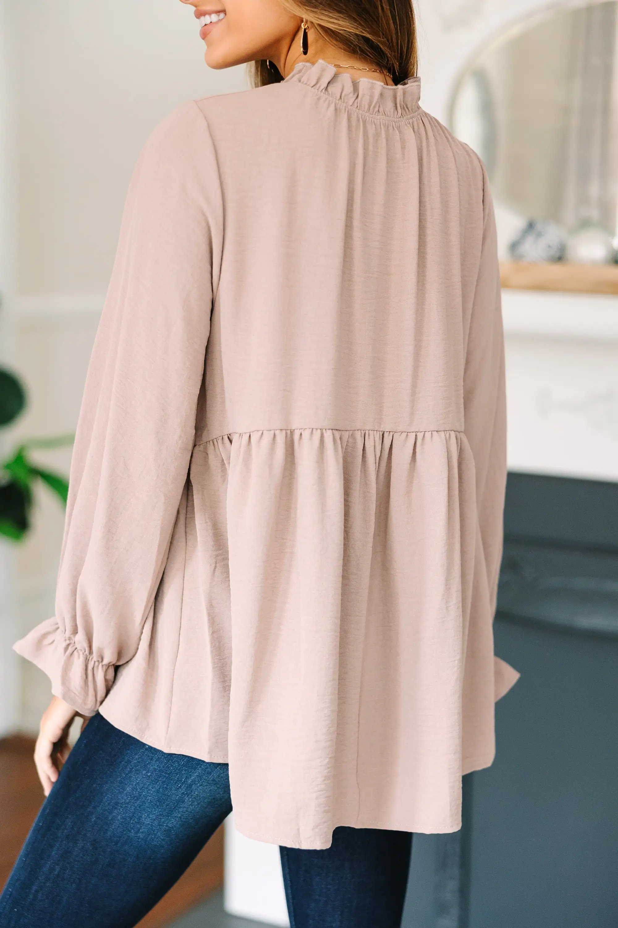 Making Moves Taupe Brown Ruffled Blouse