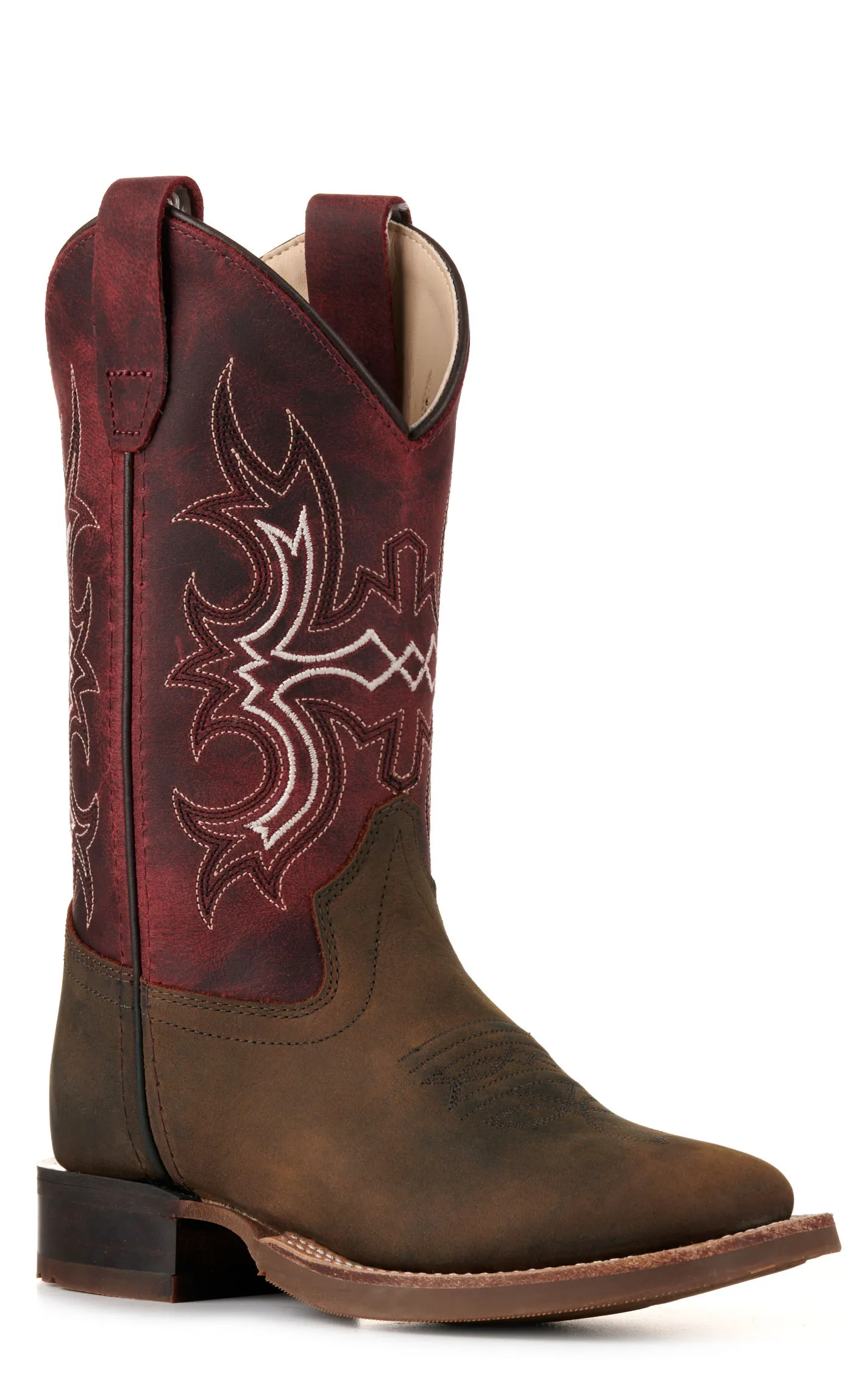 Old West Kids Brown and Burgundy Wide Square Toe Cowboy Boots