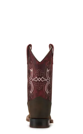 Old West Kids Brown and Burgundy Wide Square Toe Cowboy Boots