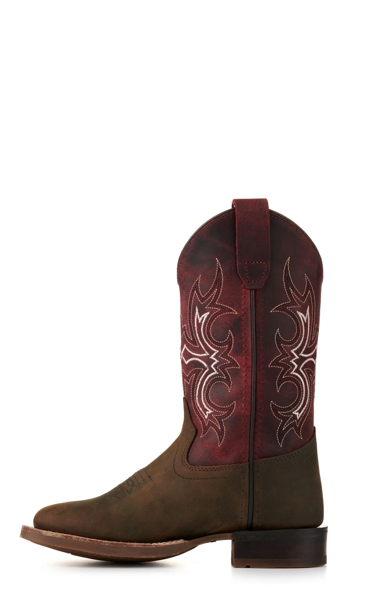 Old West Kids Brown and Burgundy Wide Square Toe Cowboy Boots