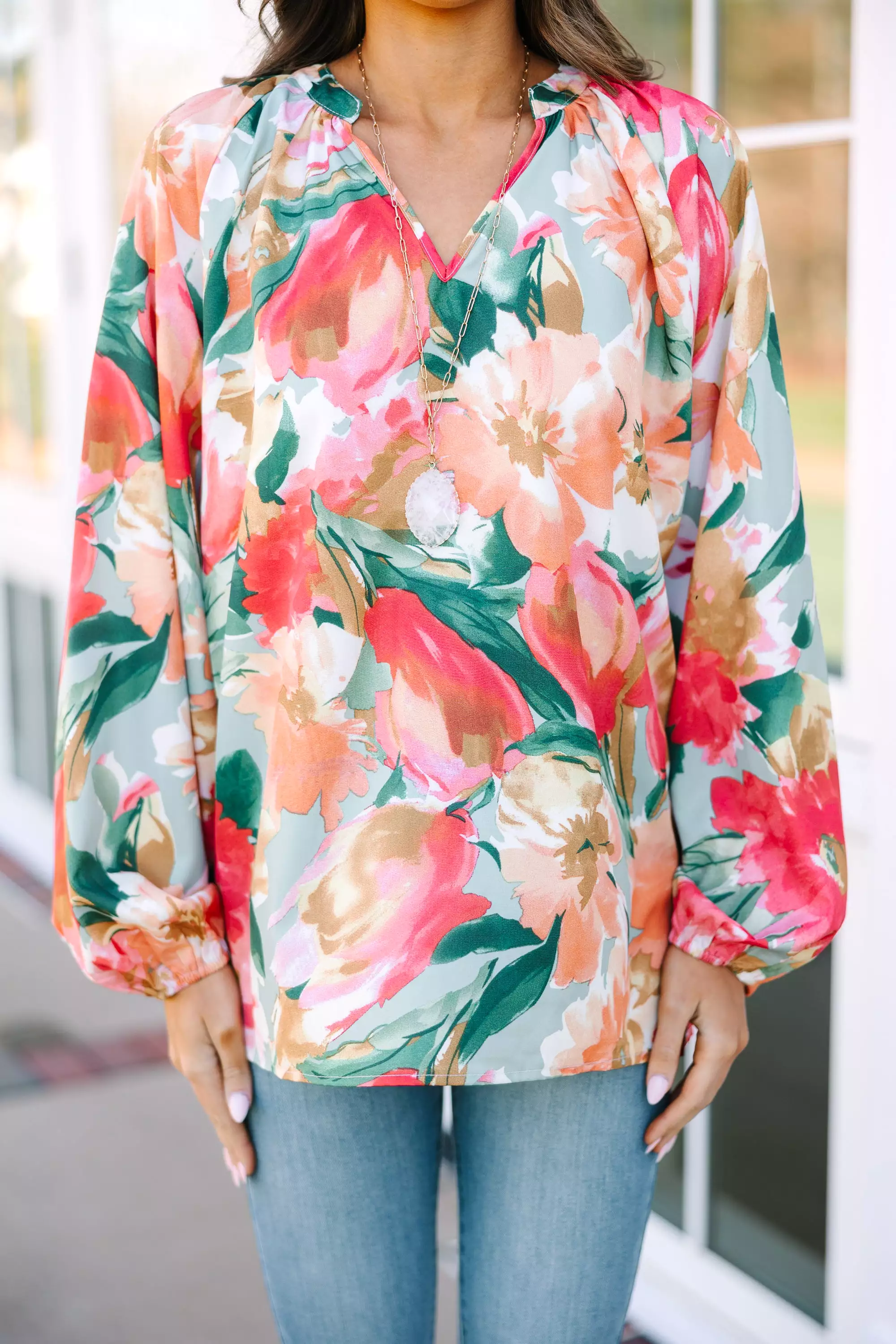 On Your Way Back Sage Green Floral Blouse