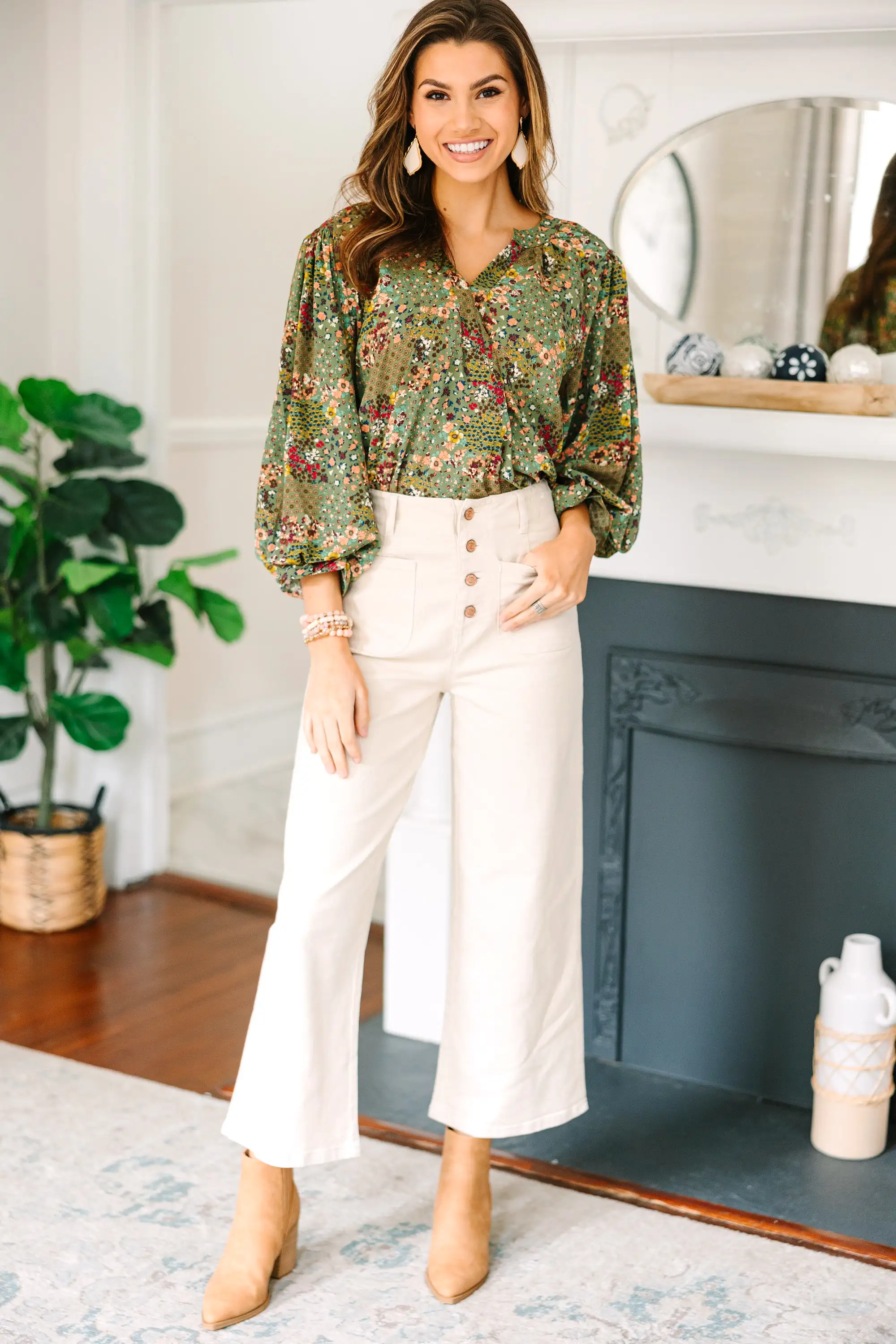 Places To Go Olive Green Ditsy Floral Blouse