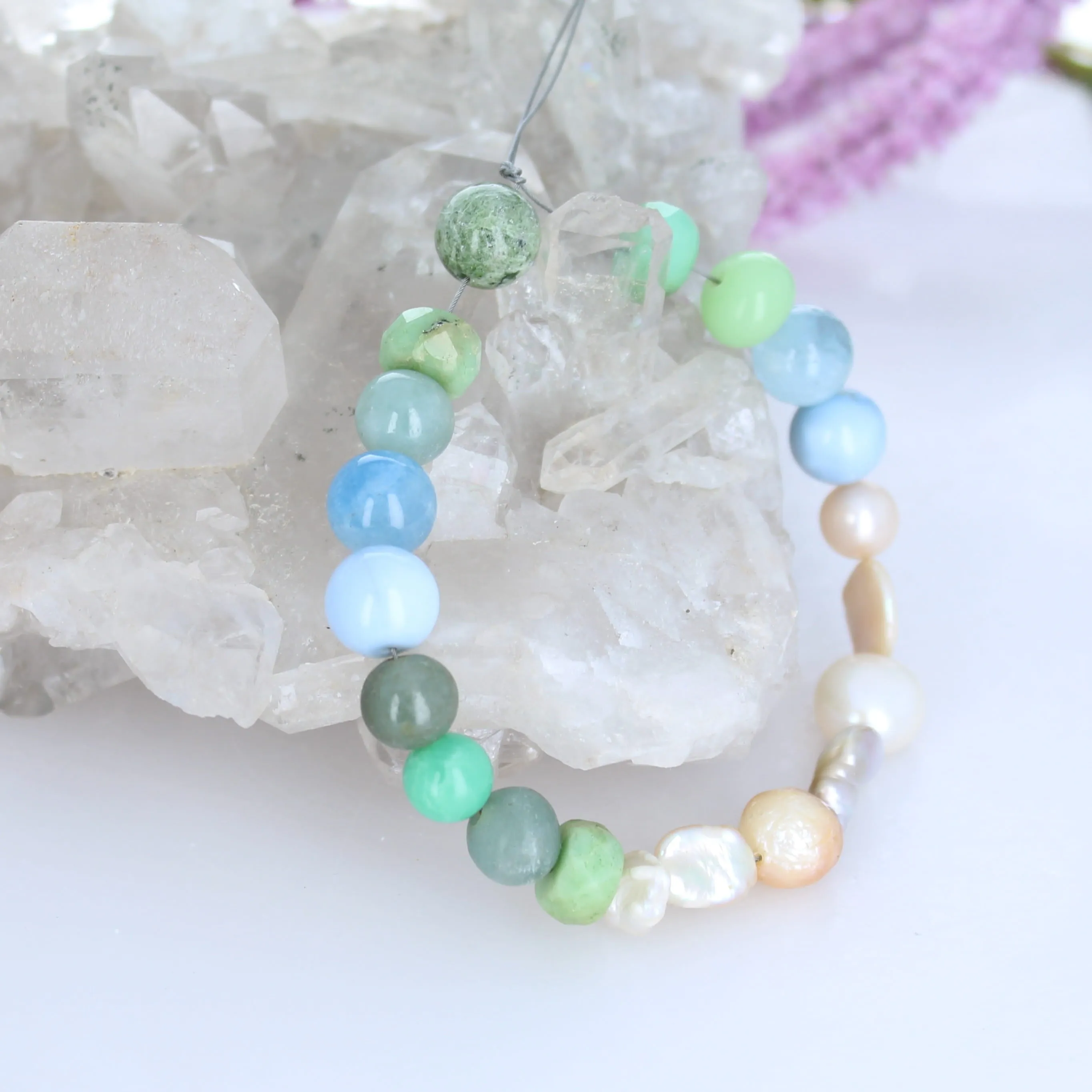 Pretty Spring Mixed Beads Chrysoprase, Pearl, Aquamarines 6.75