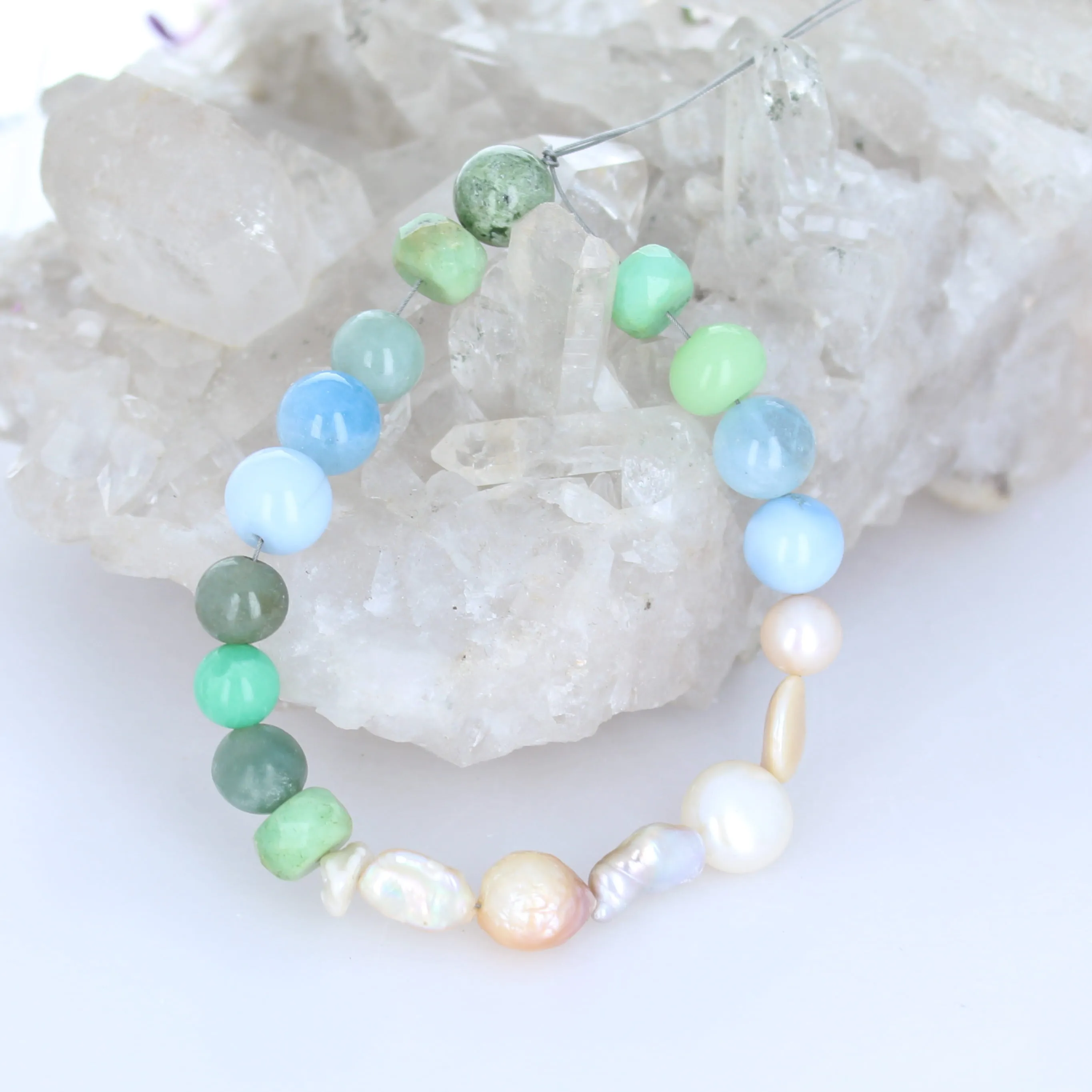 Pretty Spring Mixed Beads Chrysoprase, Pearl, Aquamarines 6.75