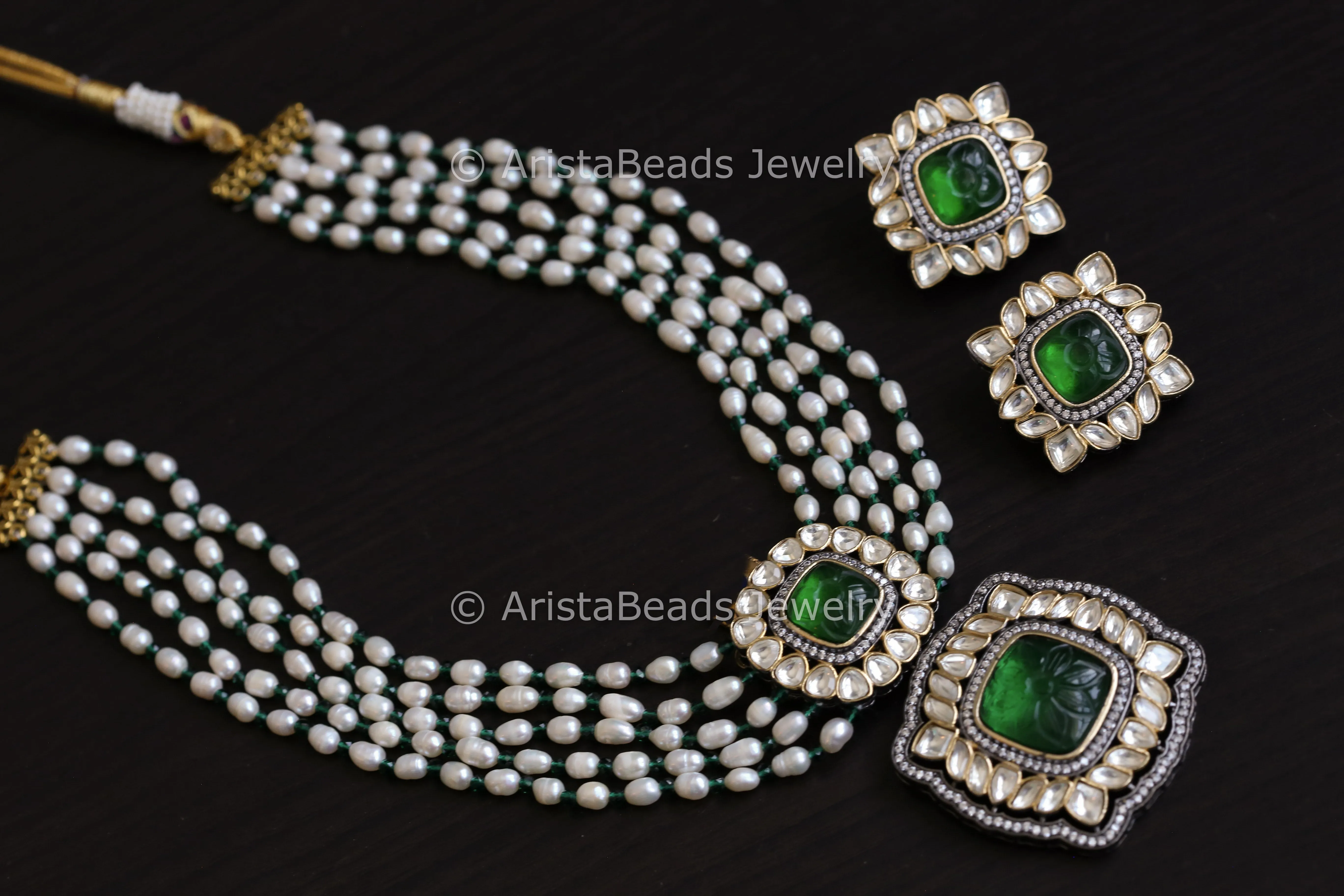 Real Pearl Carved Stone Kundan Polki Set