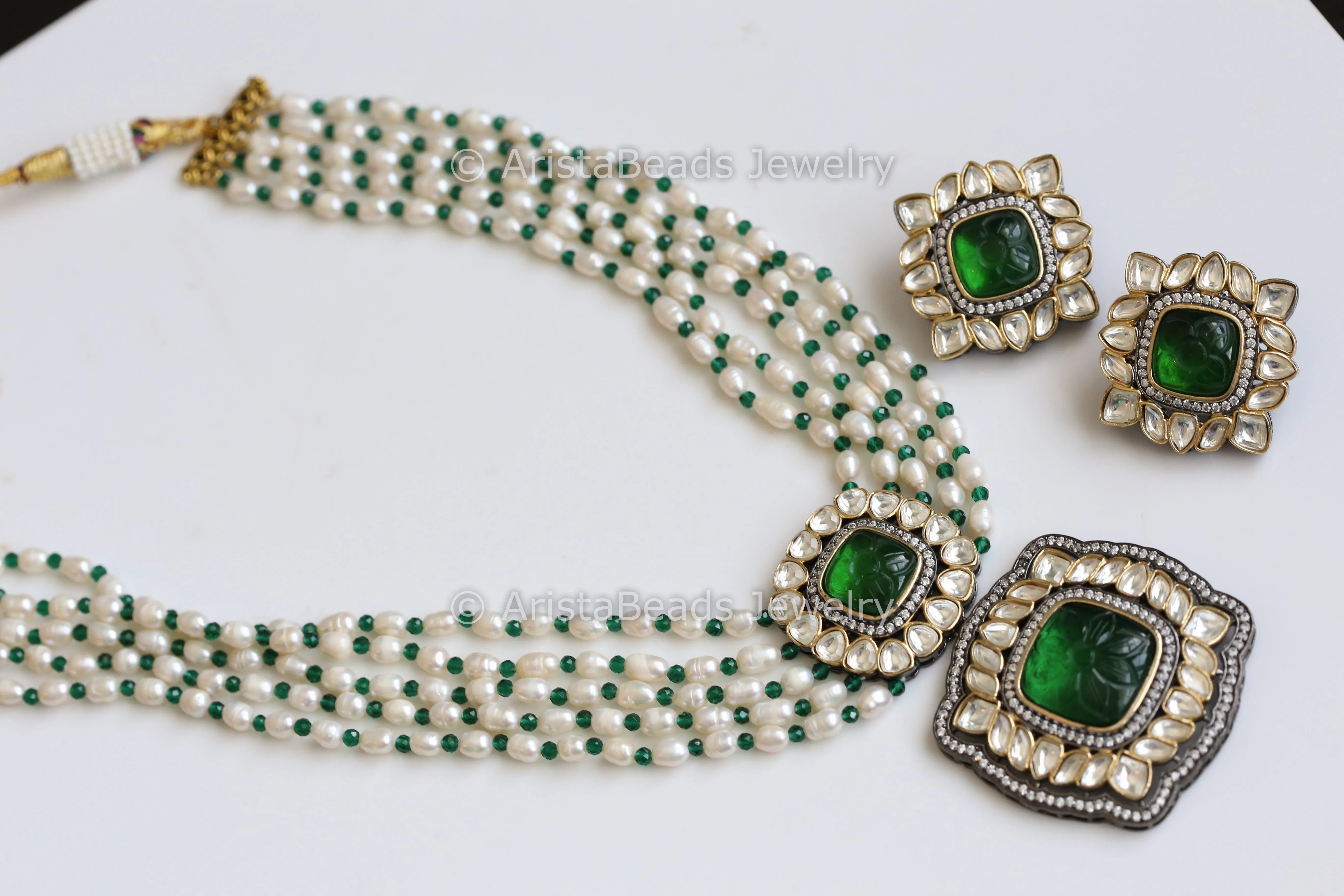 Real Pearl Carved Stone Kundan Polki Set