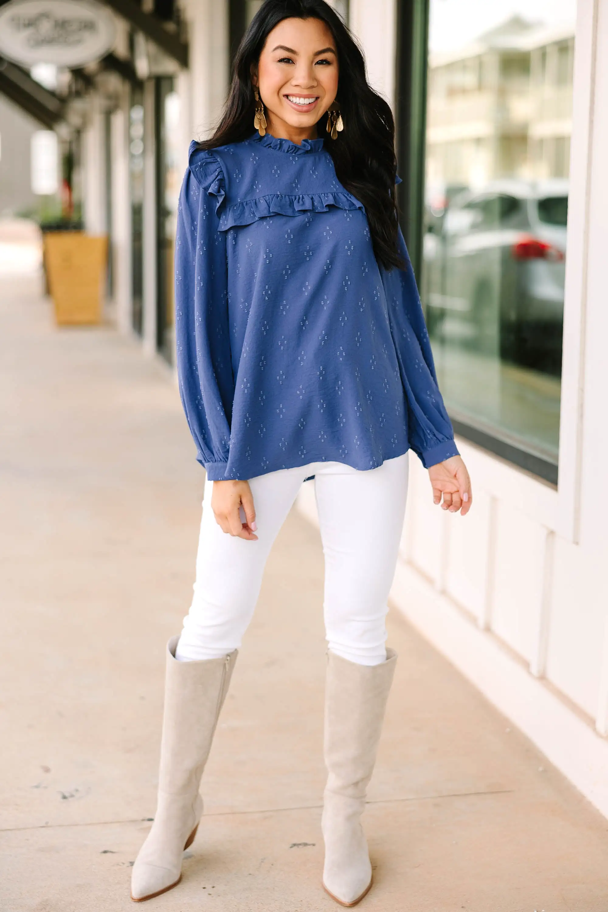 Romantic History Denim Blue Ruffled Blouse