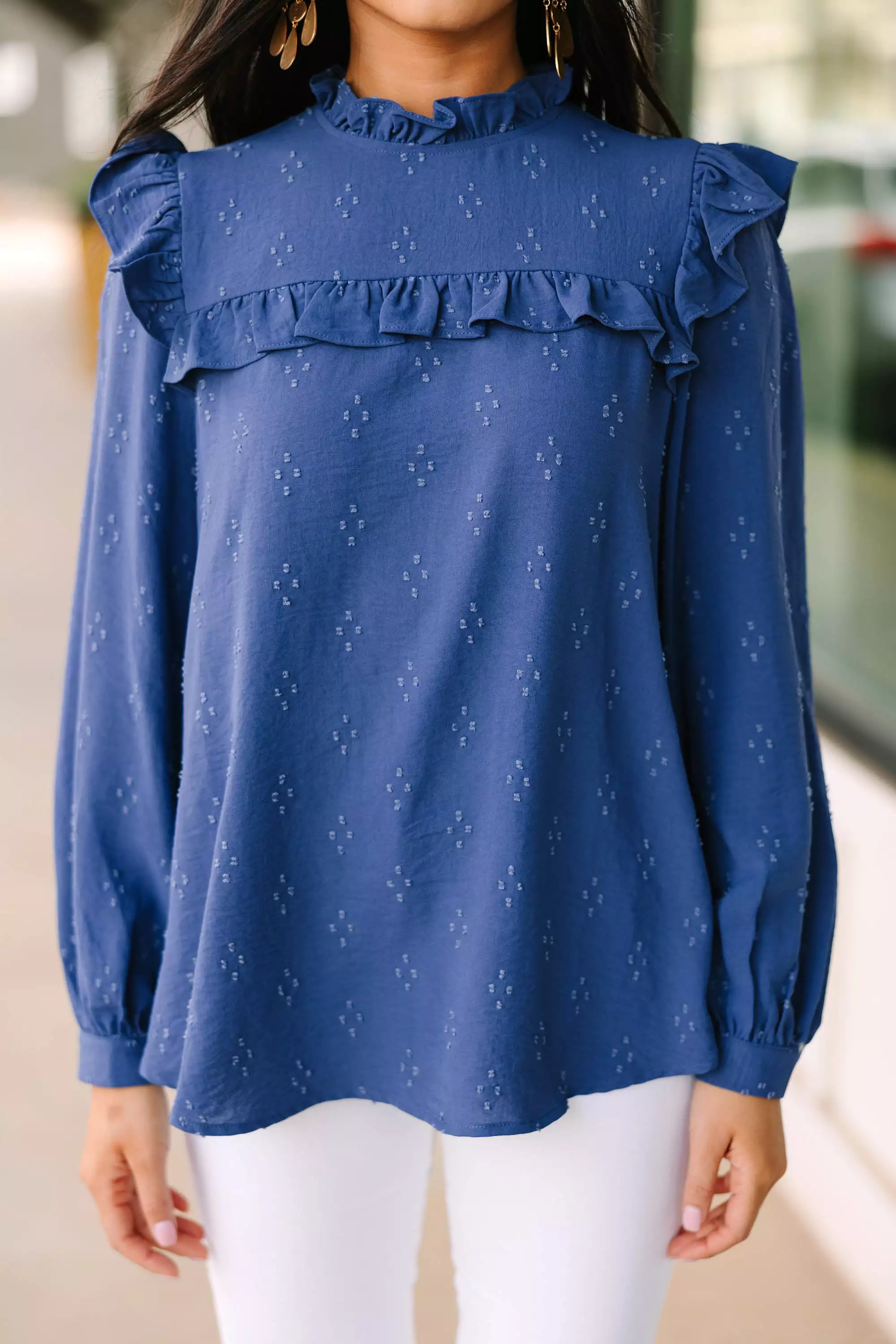 Romantic History Denim Blue Ruffled Blouse