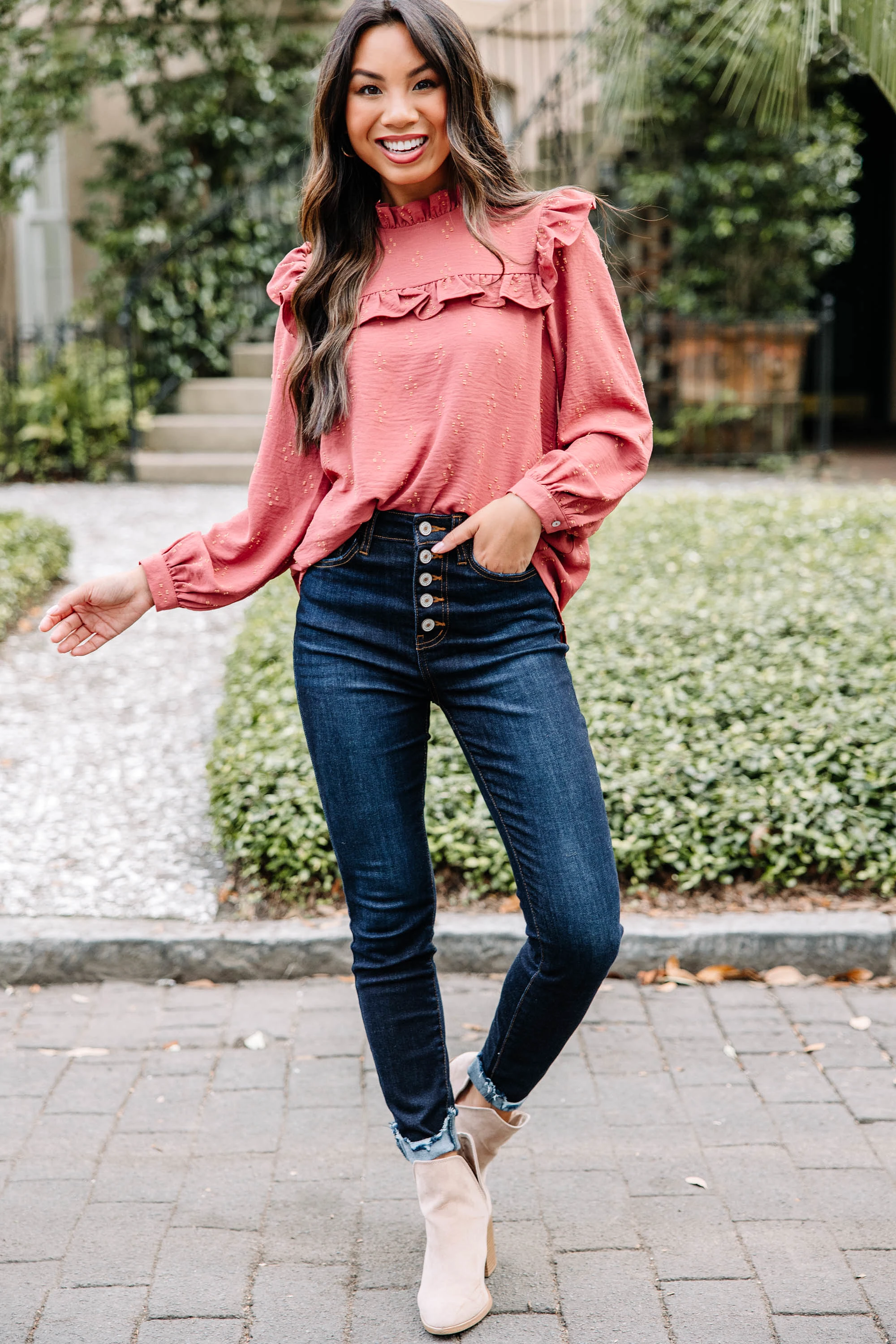 Romantic History Mauve Pink Ruffled Blouse