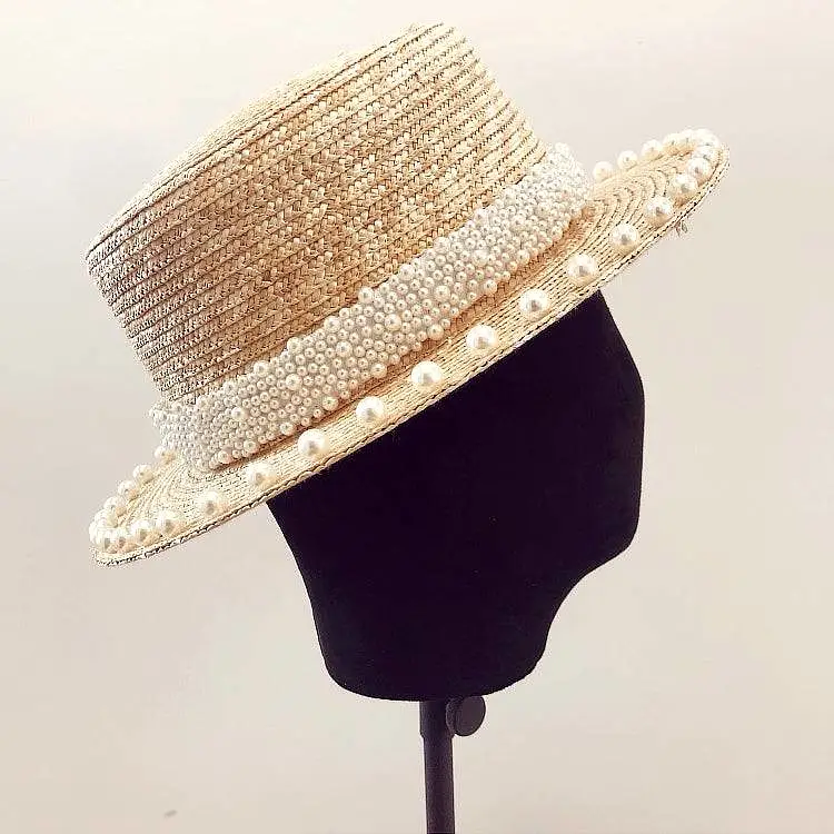 Straw Summer Hat With Pearl Decoration