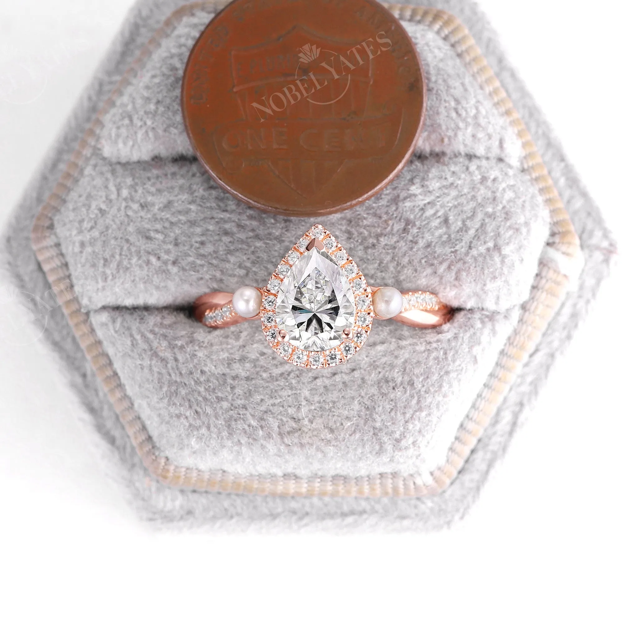 Teardrop Moissanite Halo Engagement Ring Pearl Twist Rose Gold