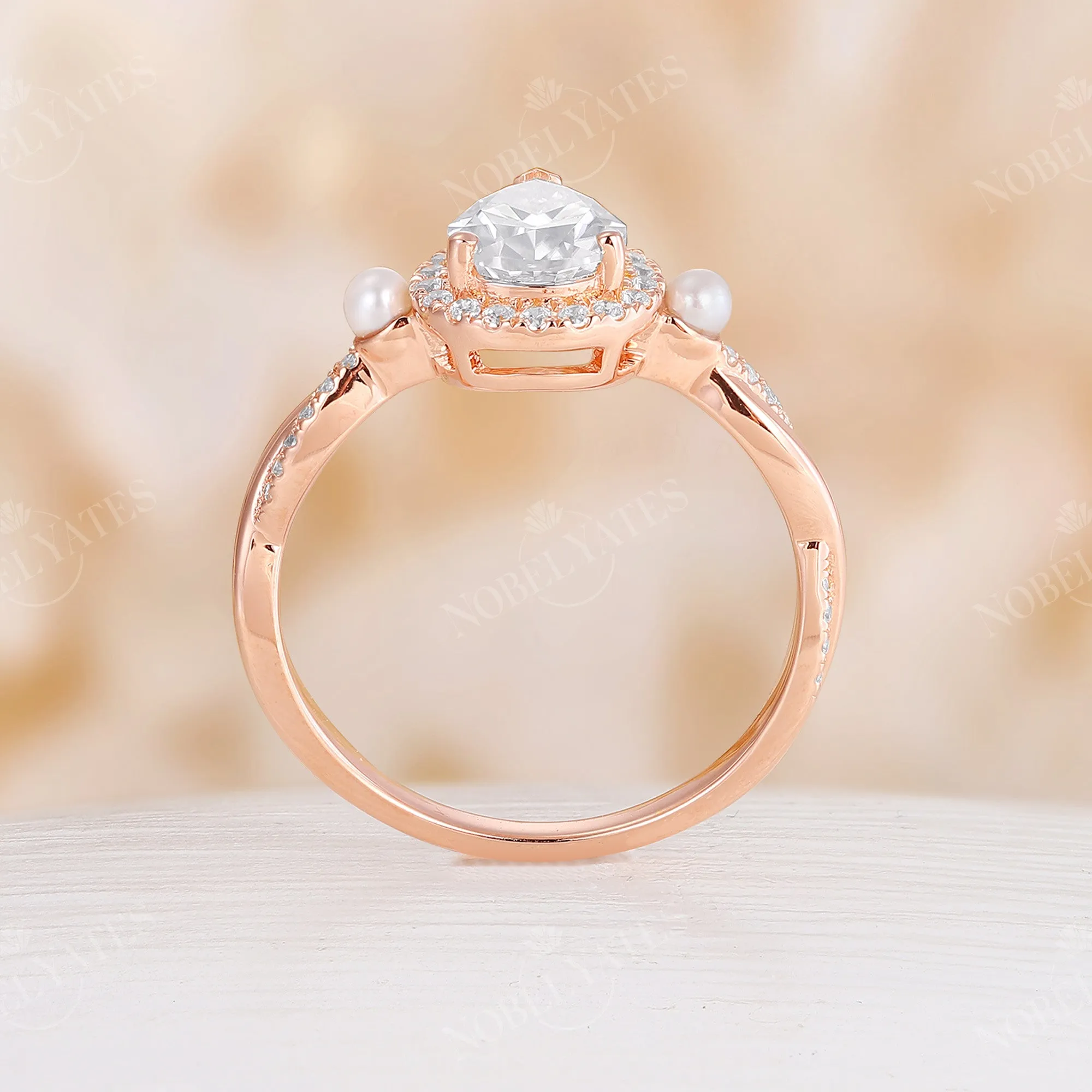 Teardrop Moissanite Halo Engagement Ring Pearl Twist Rose Gold