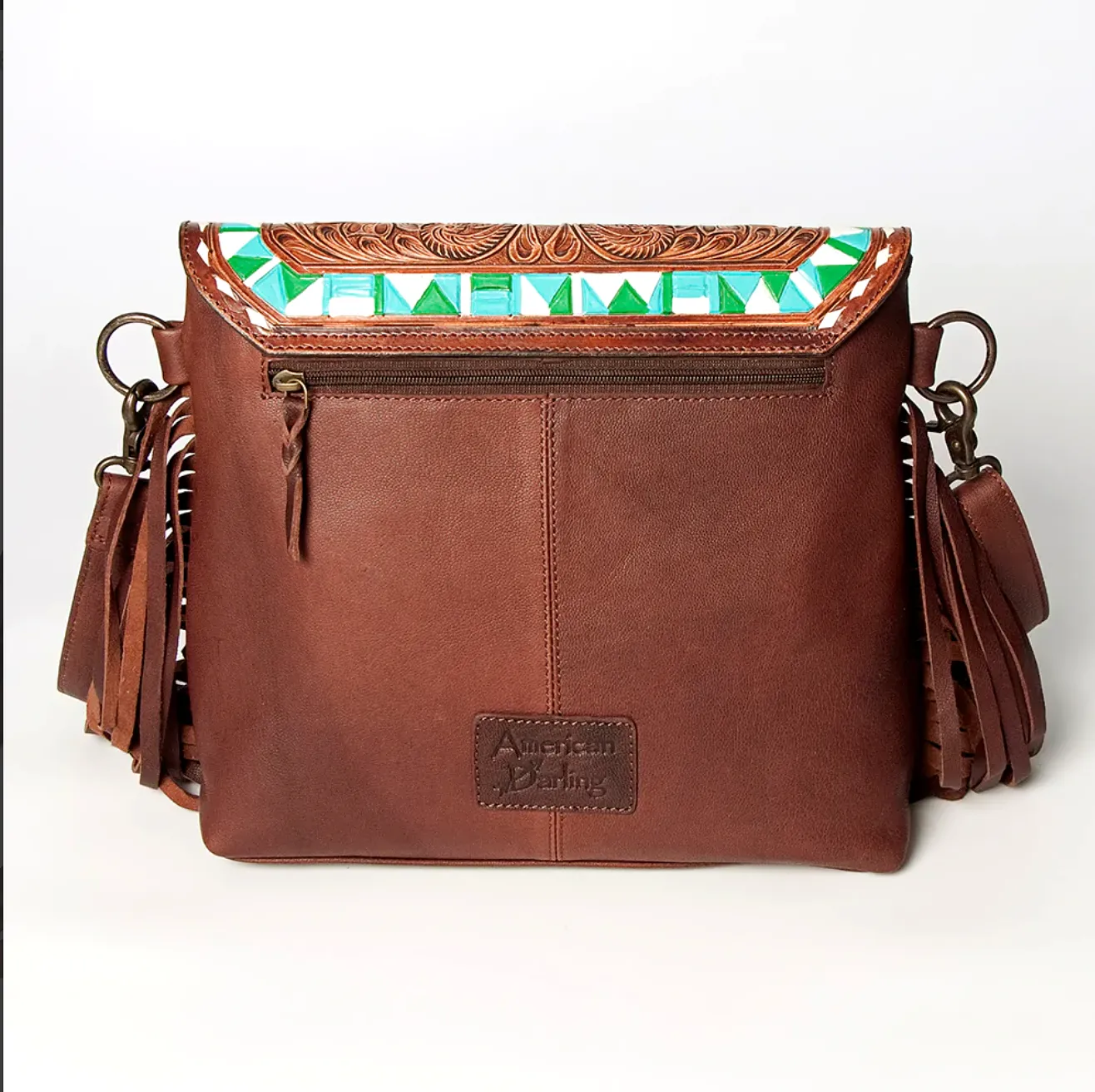 Tooled Cowhide with Turquoise Aztec Print Purse