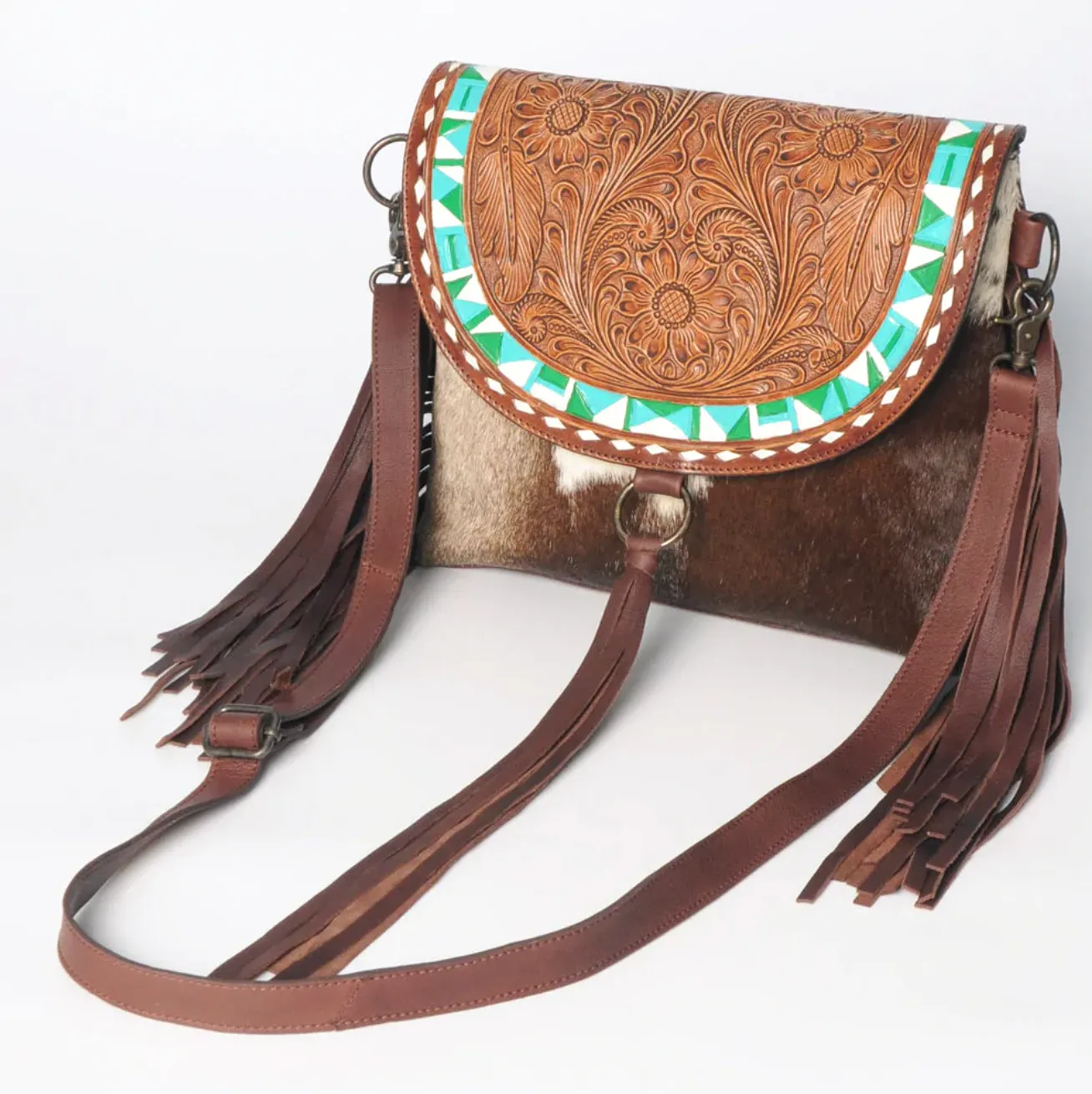 Tooled Cowhide with Turquoise Aztec Print Purse