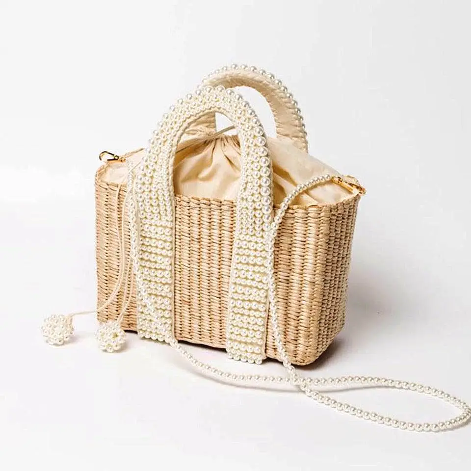 Tote Straw Handbag With Pearl Straps