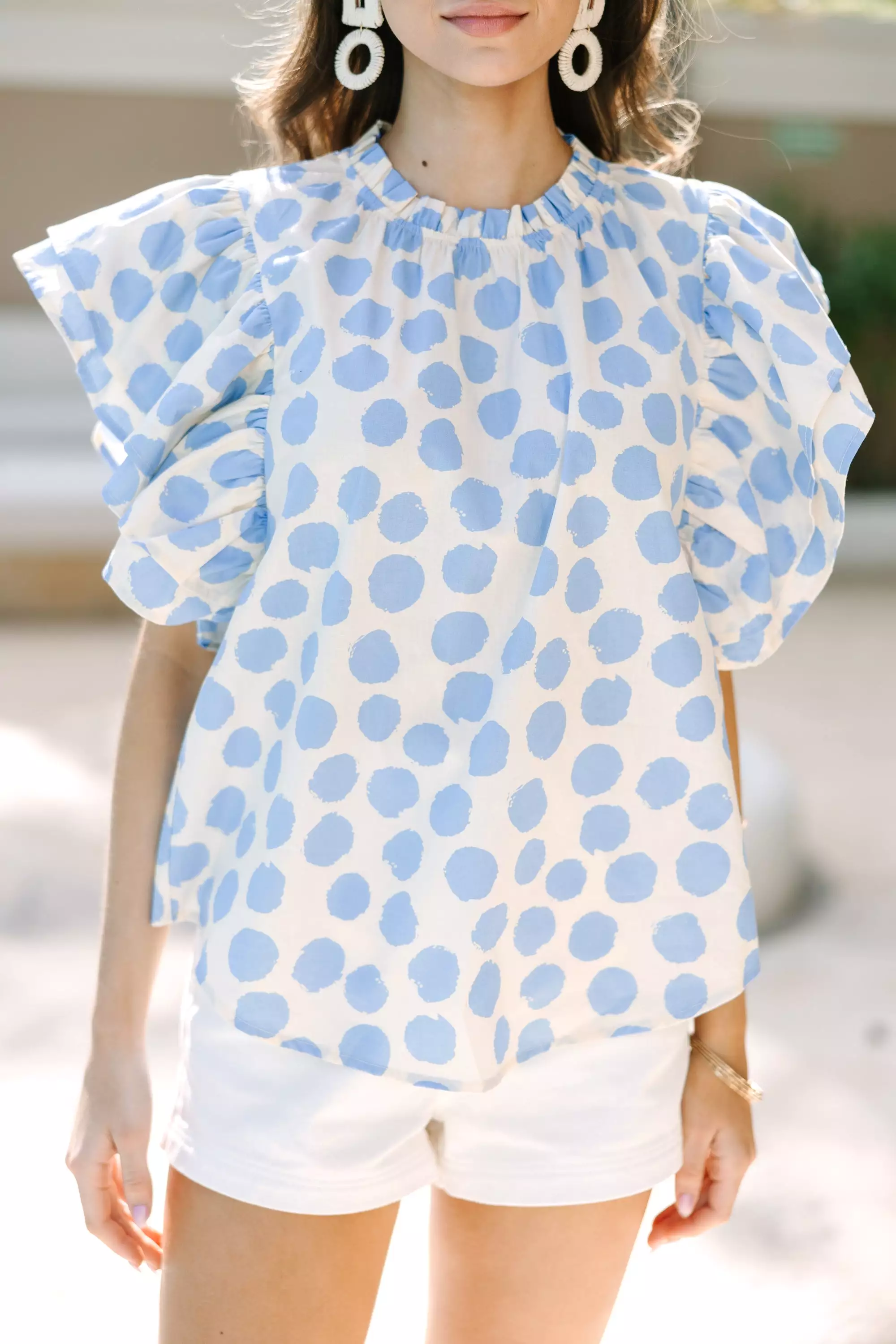 True Self Blue Polka Dot Ruffled Blouse