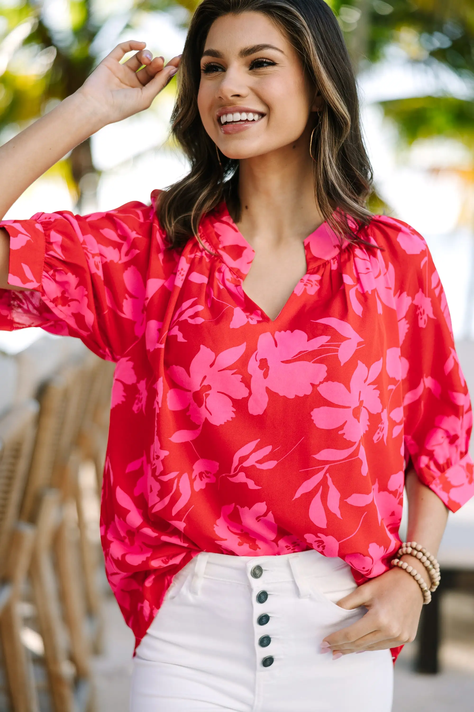 True Self Red Floral Blouse