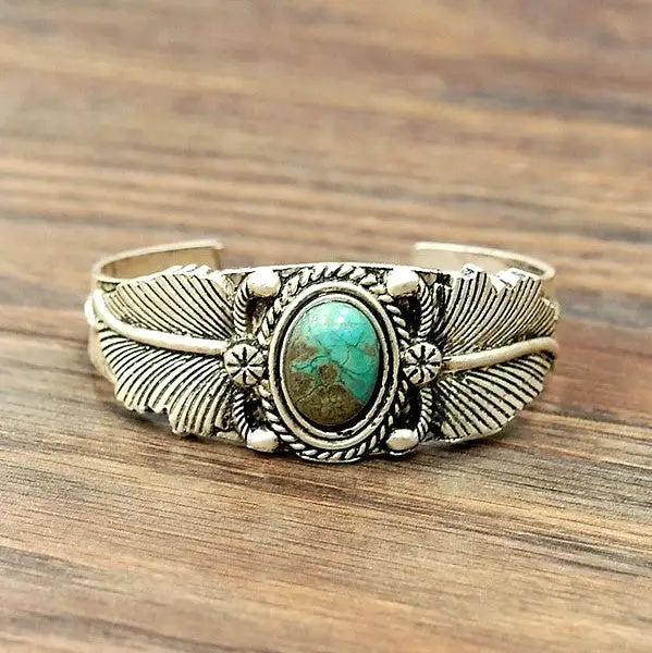 Turquoise Stone Feather Detail Cuff Bracelet