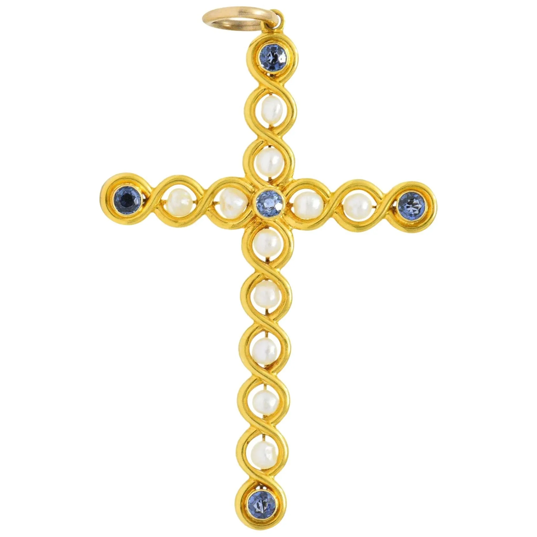 Victorian 1.00 CTW Sapphire Natural Pearl 14 Karat Gold Cross Pendant