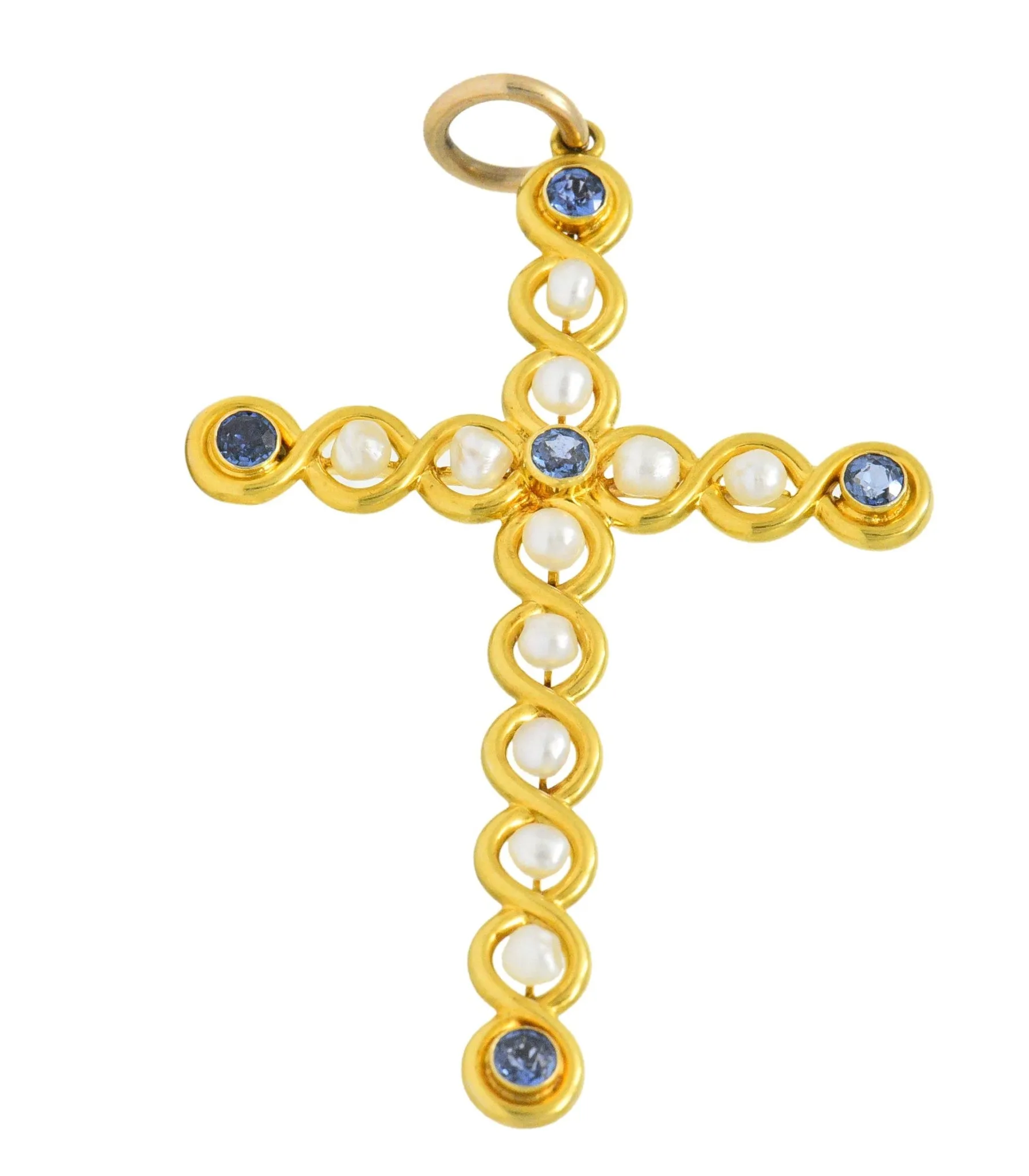 Victorian 1.00 CTW Sapphire Natural Pearl 14 Karat Gold Cross Pendant