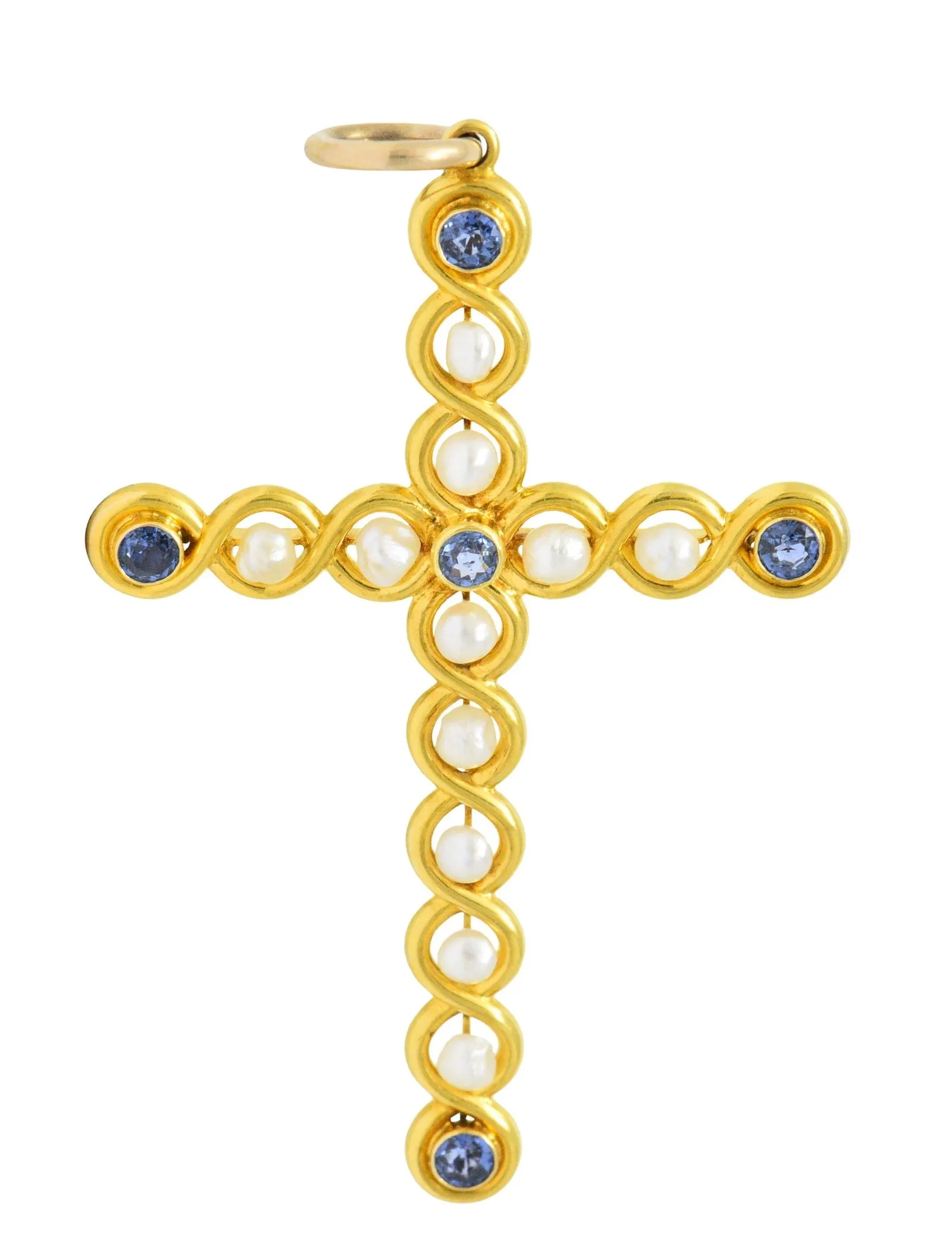 Victorian 1.00 CTW Sapphire Natural Pearl 14 Karat Gold Cross Pendant