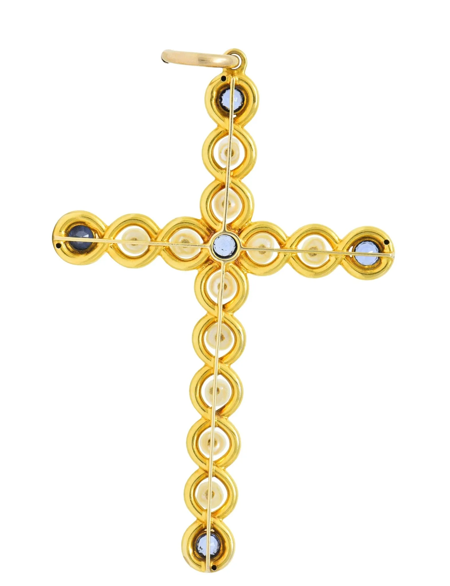 Victorian 1.00 CTW Sapphire Natural Pearl 14 Karat Gold Cross Pendant