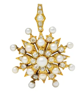 Victorian 1.98 CTW Diamond Natural Pearl 18 Karat Yellow Gold Antique Starburst Pendant