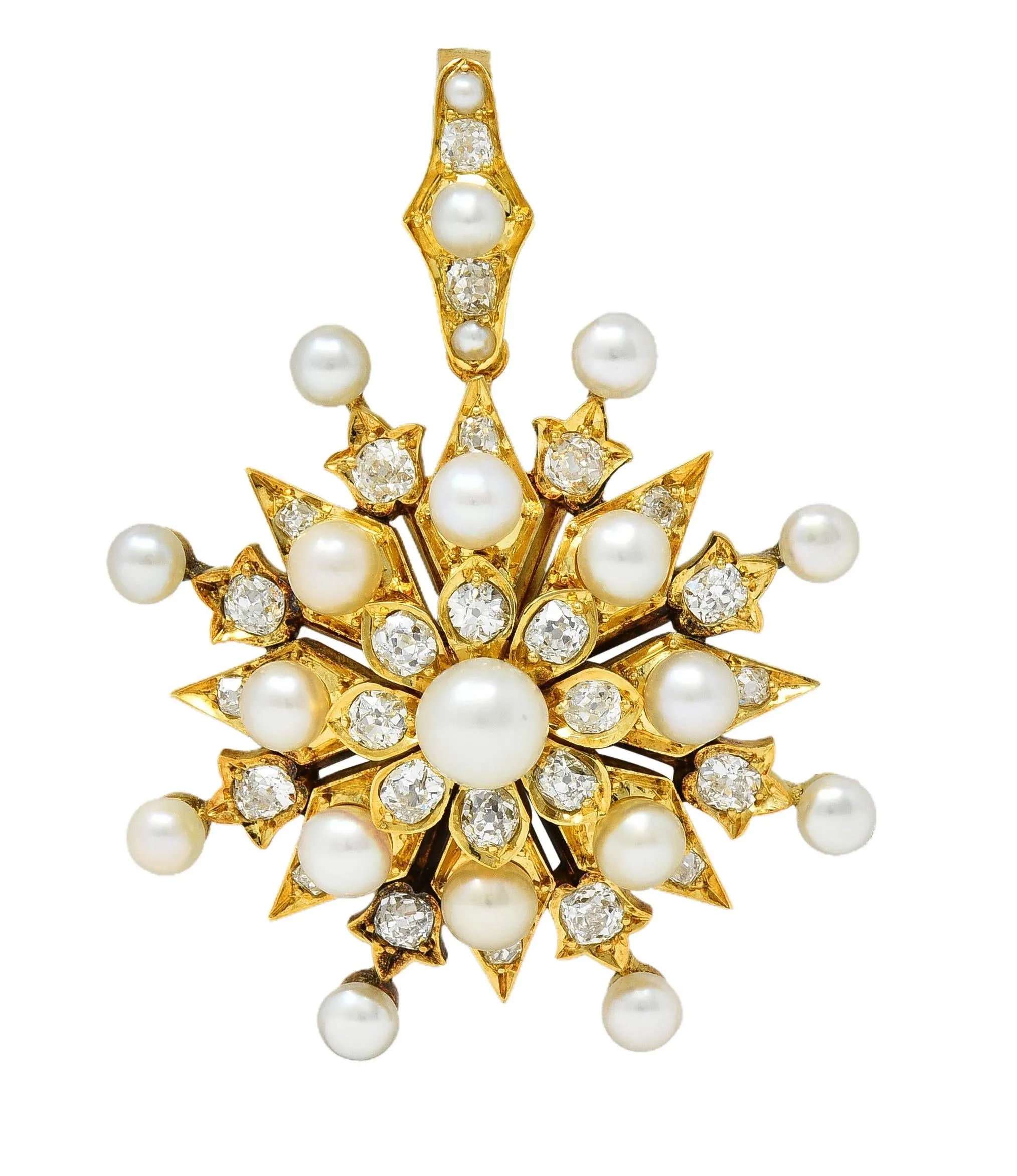 Victorian 1.98 CTW Diamond Natural Pearl 18 Karat Yellow Gold Antique Starburst Pendant