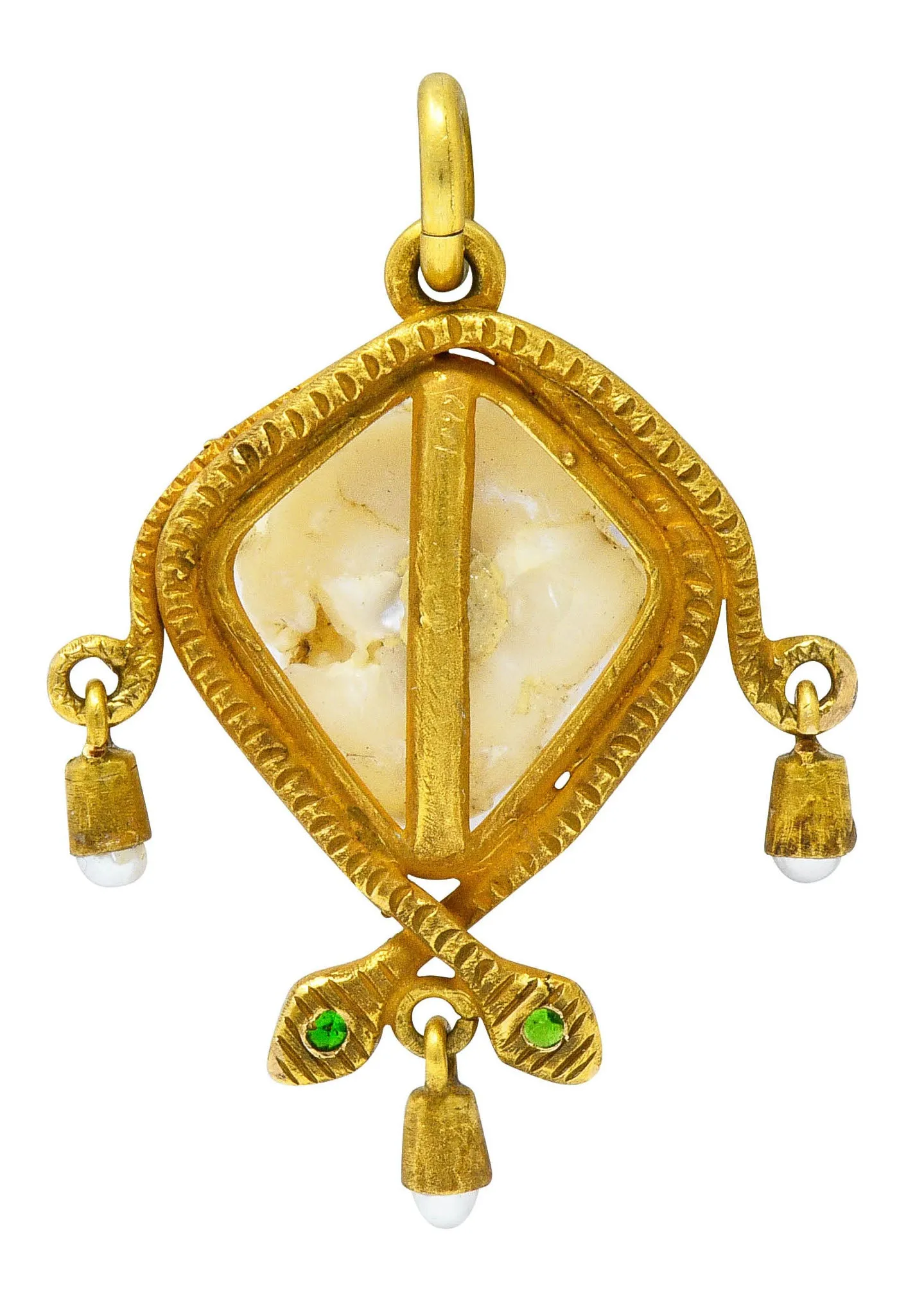 Victorian Baroque Pearl Demantoid Garnet 18 Karat Gold Snake Pendant Charm