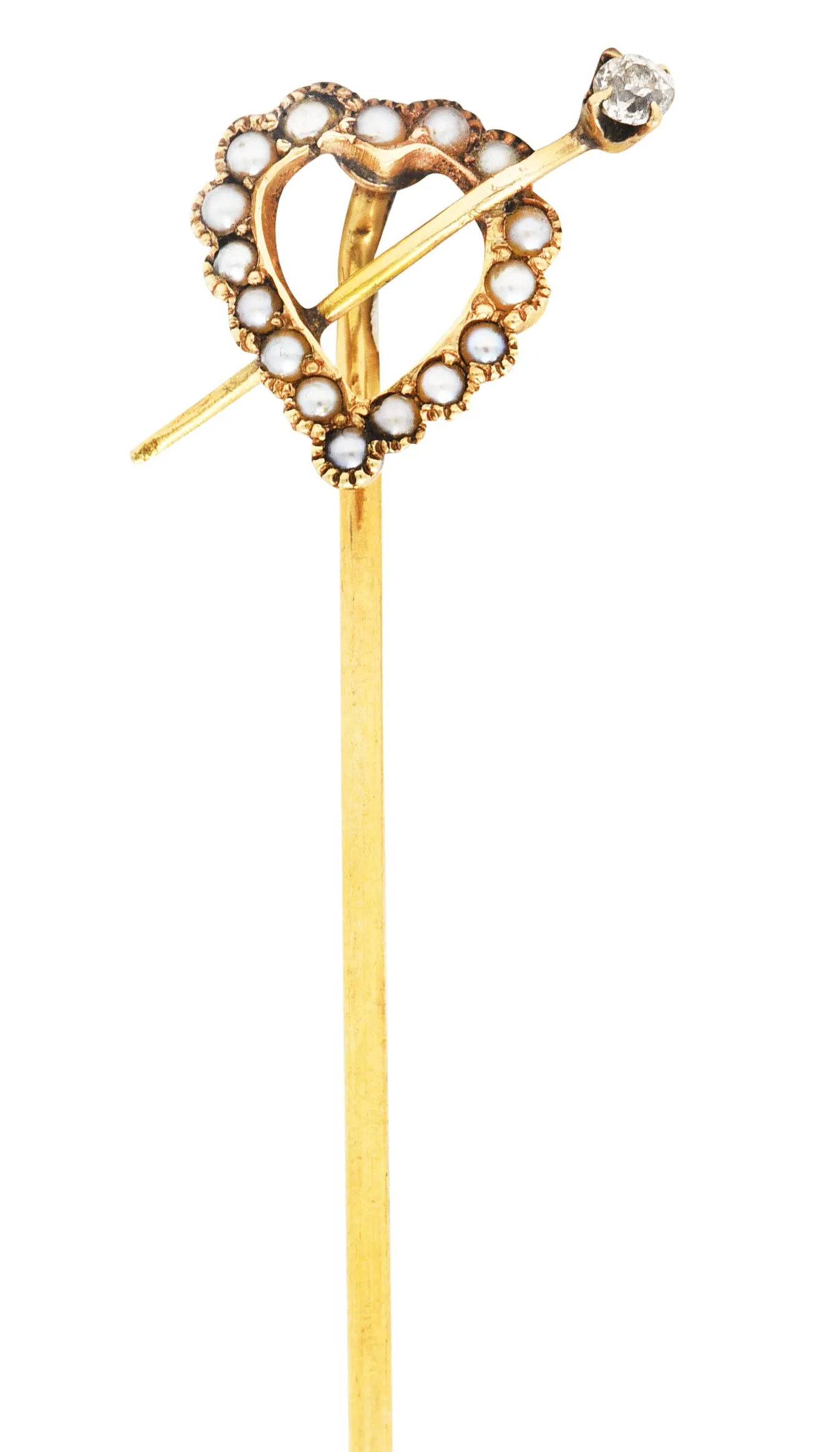 Victorian Seed Pearl Diamond 14 Karat Yellow Gold Heart Stickpin