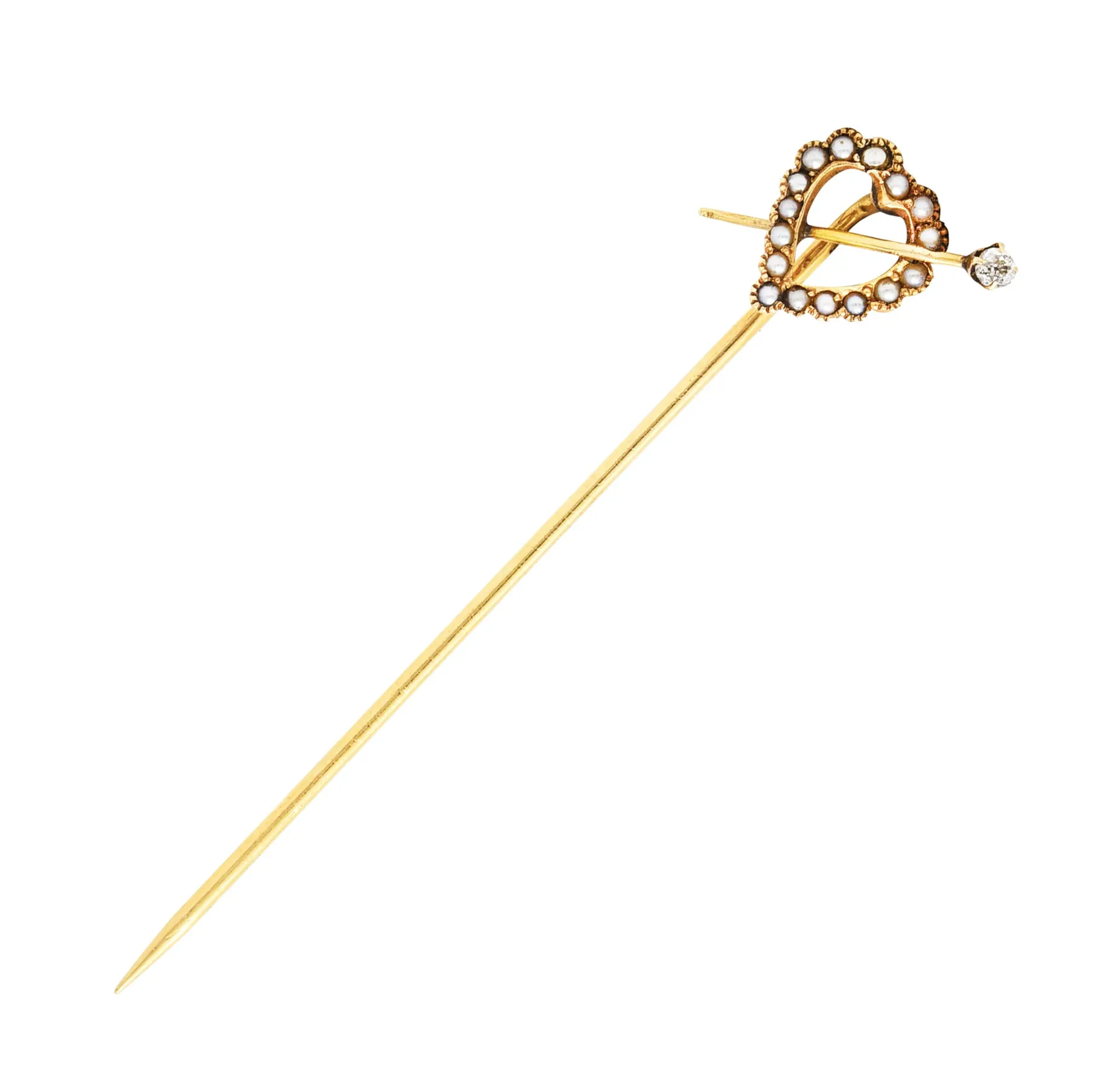 Victorian Seed Pearl Diamond 14 Karat Yellow Gold Heart Stickpin