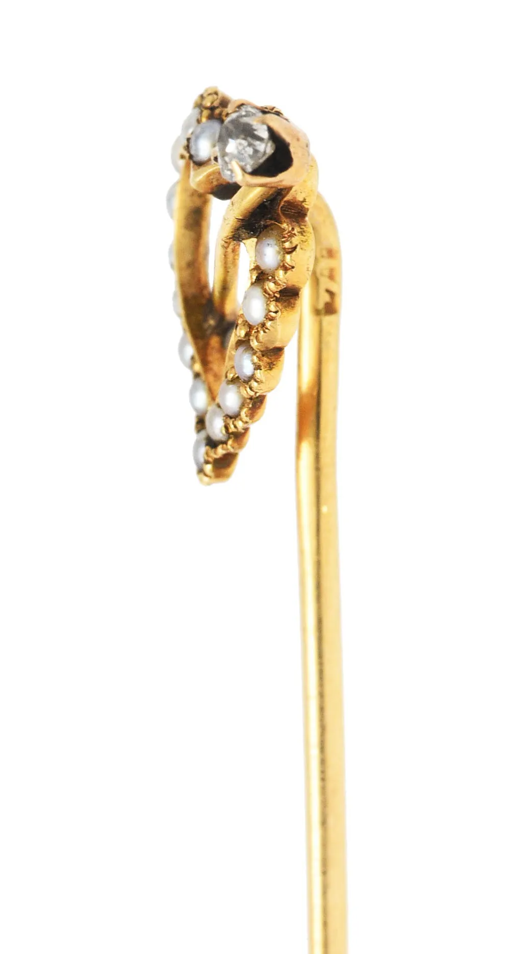 Victorian Seed Pearl Diamond 14 Karat Yellow Gold Heart Stickpin