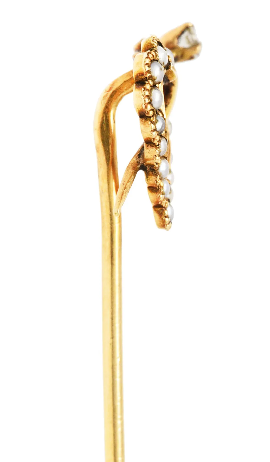 Victorian Seed Pearl Diamond 14 Karat Yellow Gold Heart Stickpin