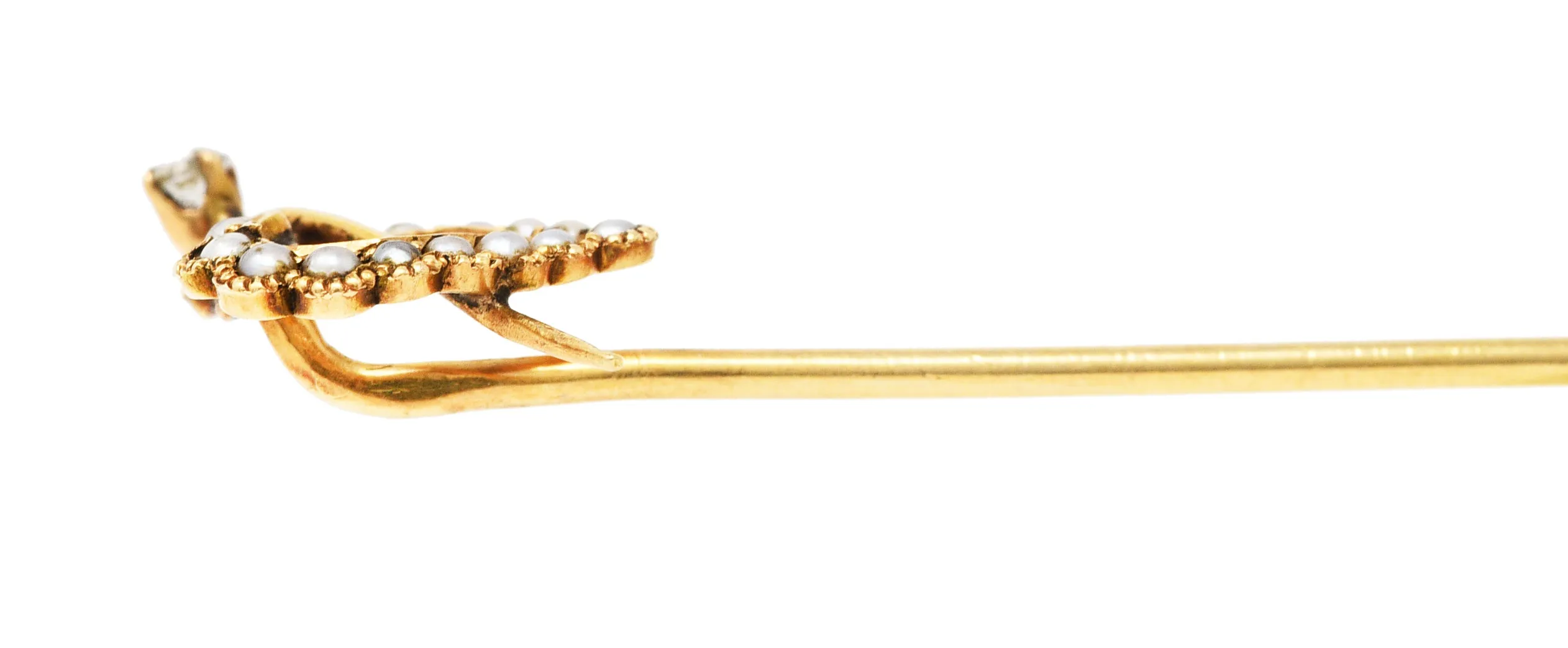 Victorian Seed Pearl Diamond 14 Karat Yellow Gold Heart Stickpin