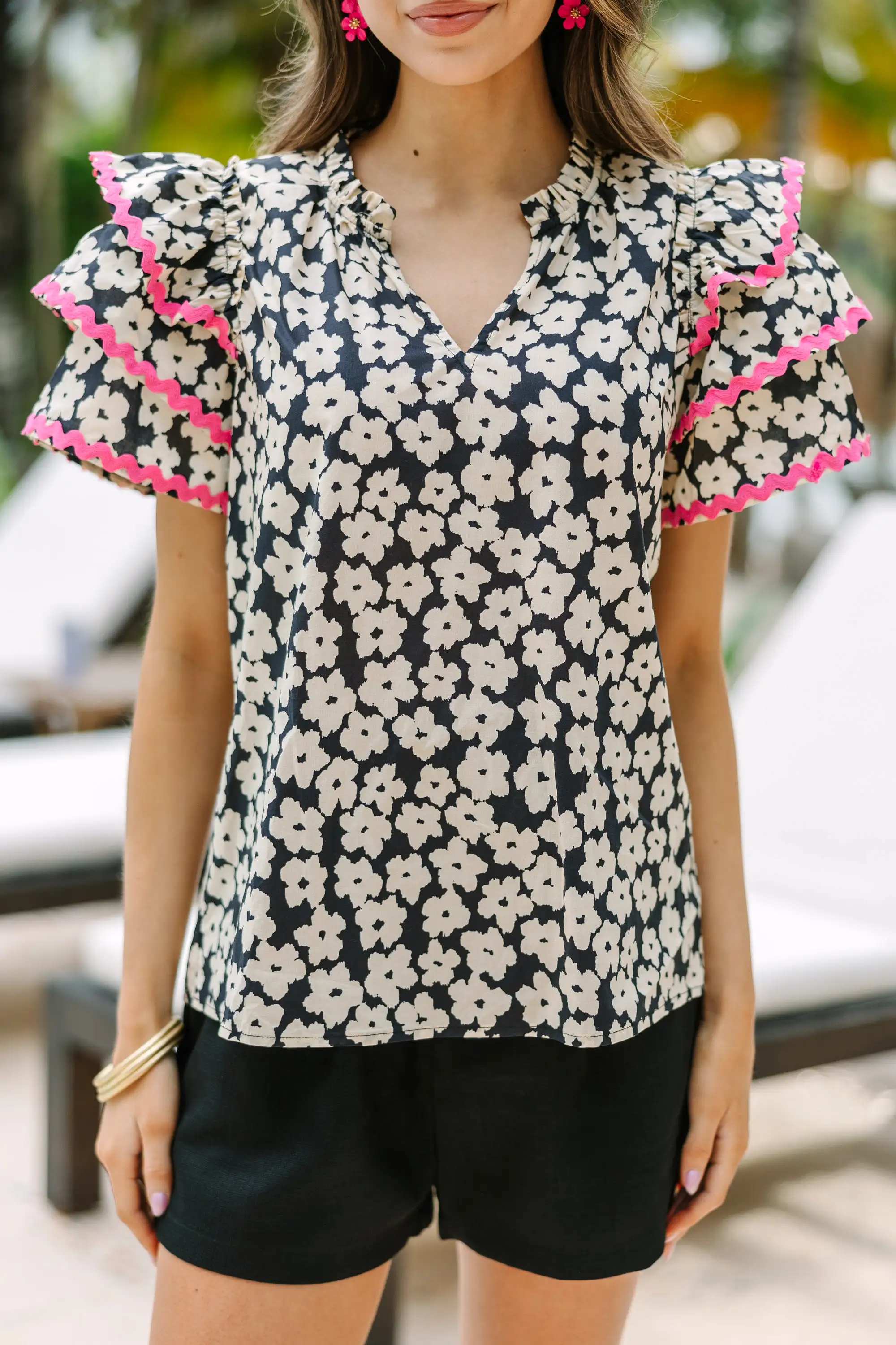 Waiting For You Black Floral RickRack Blouse