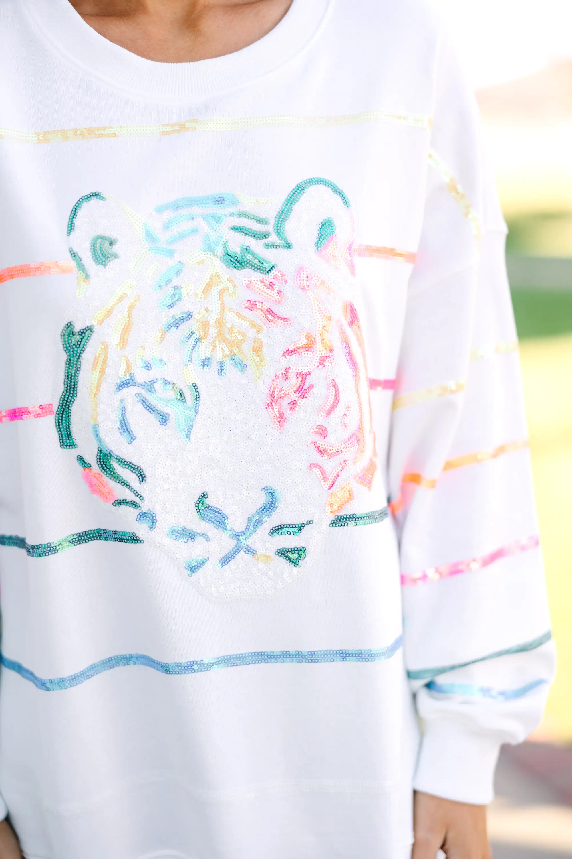 Who You Want To Be White Sequin Tiger Pullover