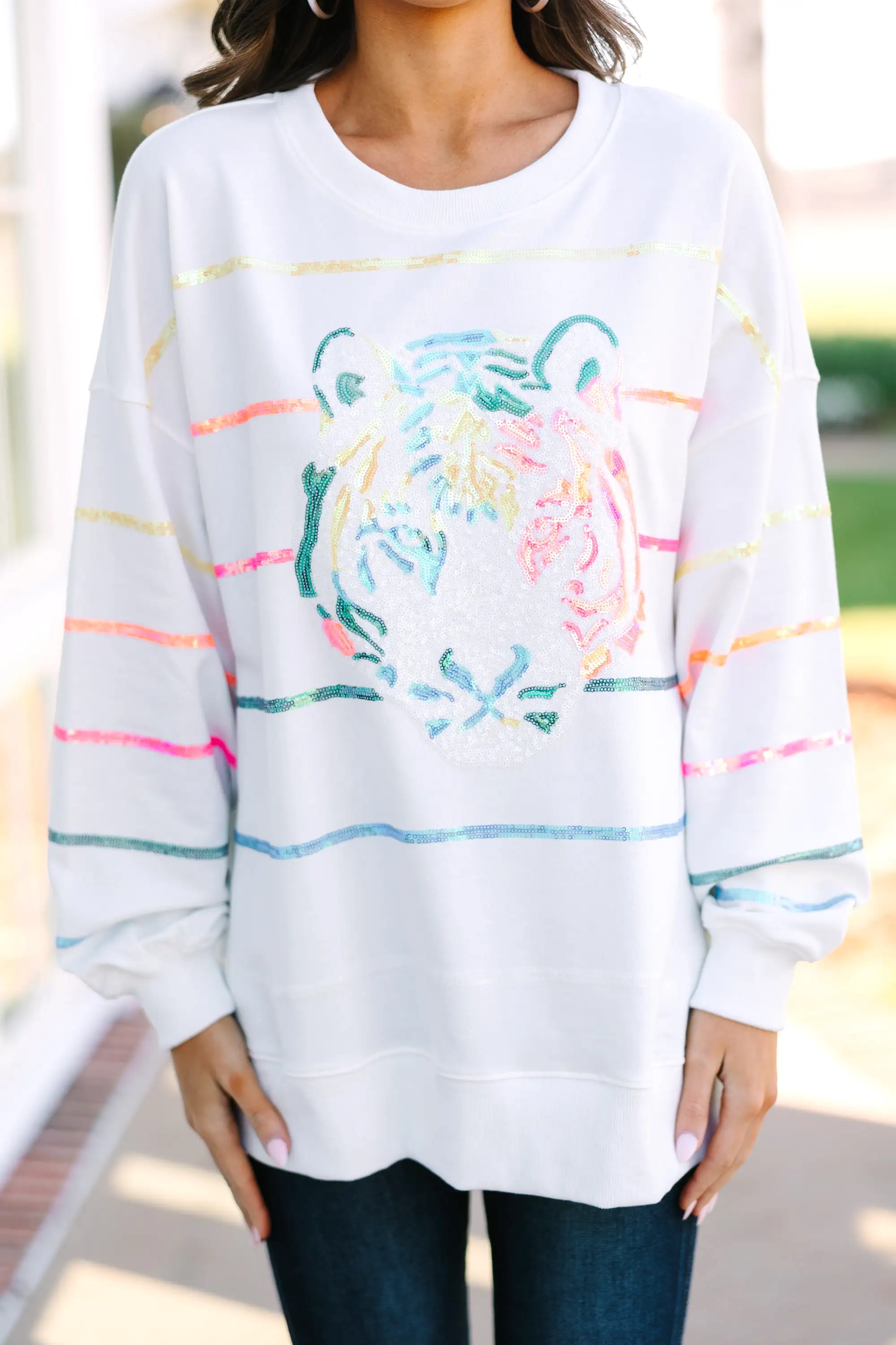 Who You Want To Be White Sequin Tiger Pullover