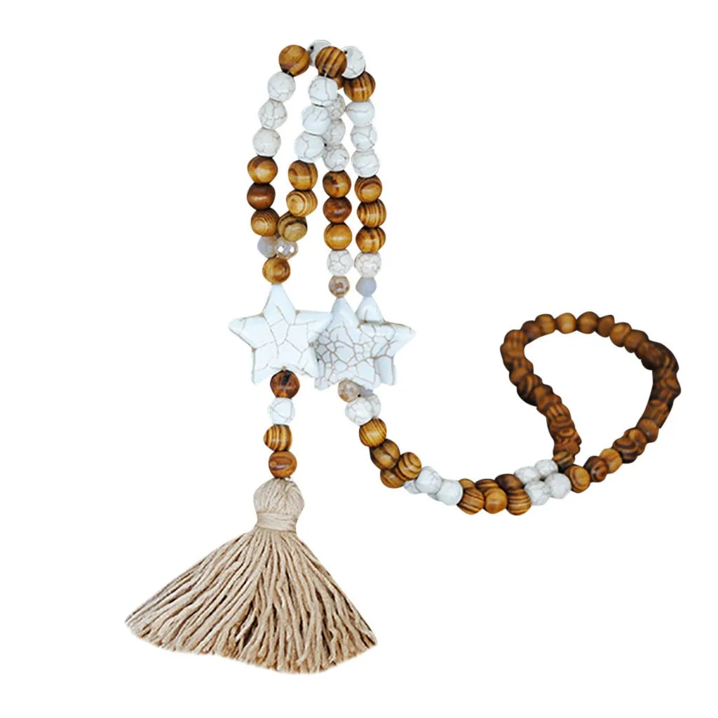 Wooden Charm Beaded Necklace with Tassel