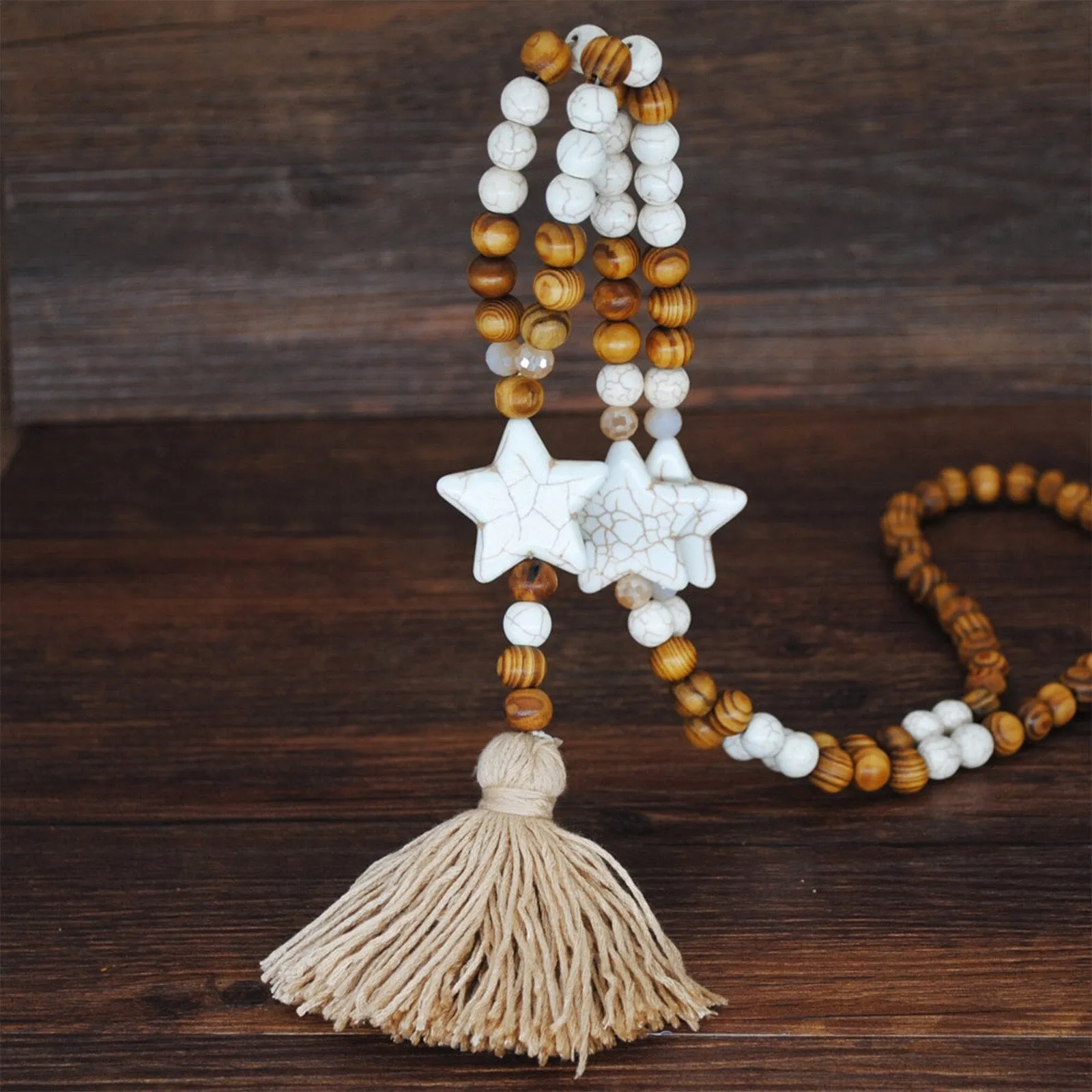 Wooden Charm Beaded Necklace with Tassel