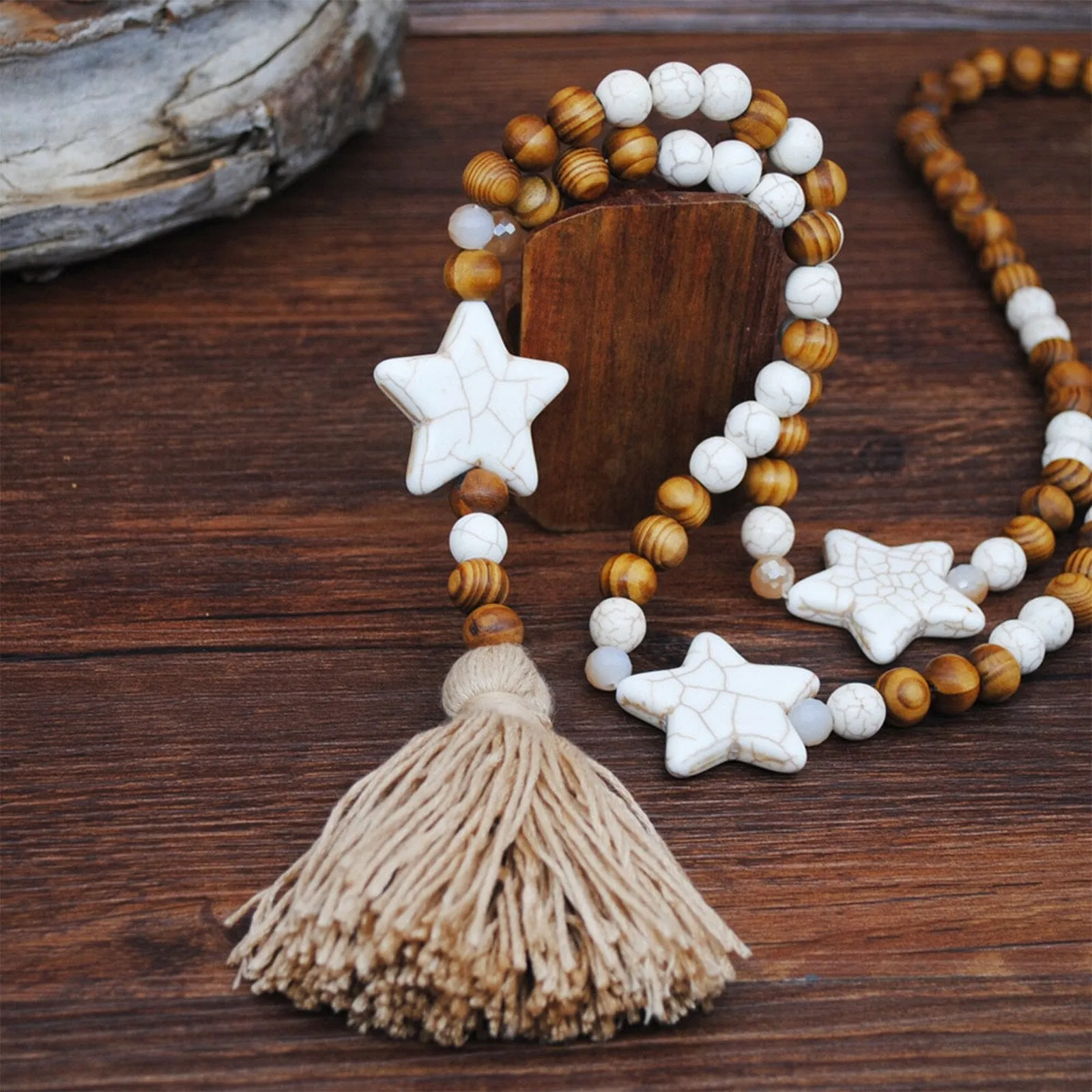 Wooden Charm Beaded Necklace with Tassel