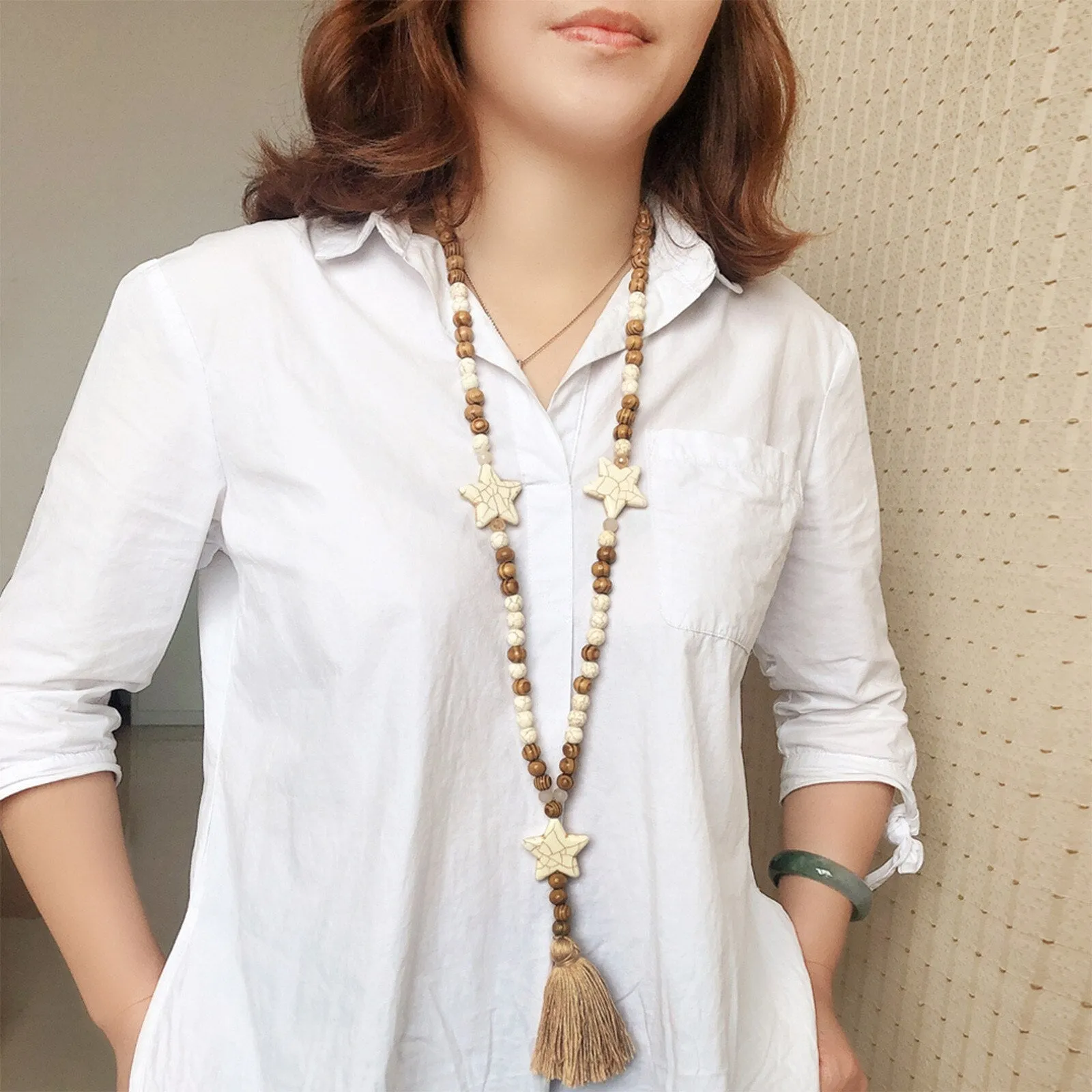 Wooden Charm Beaded Necklace with Tassel